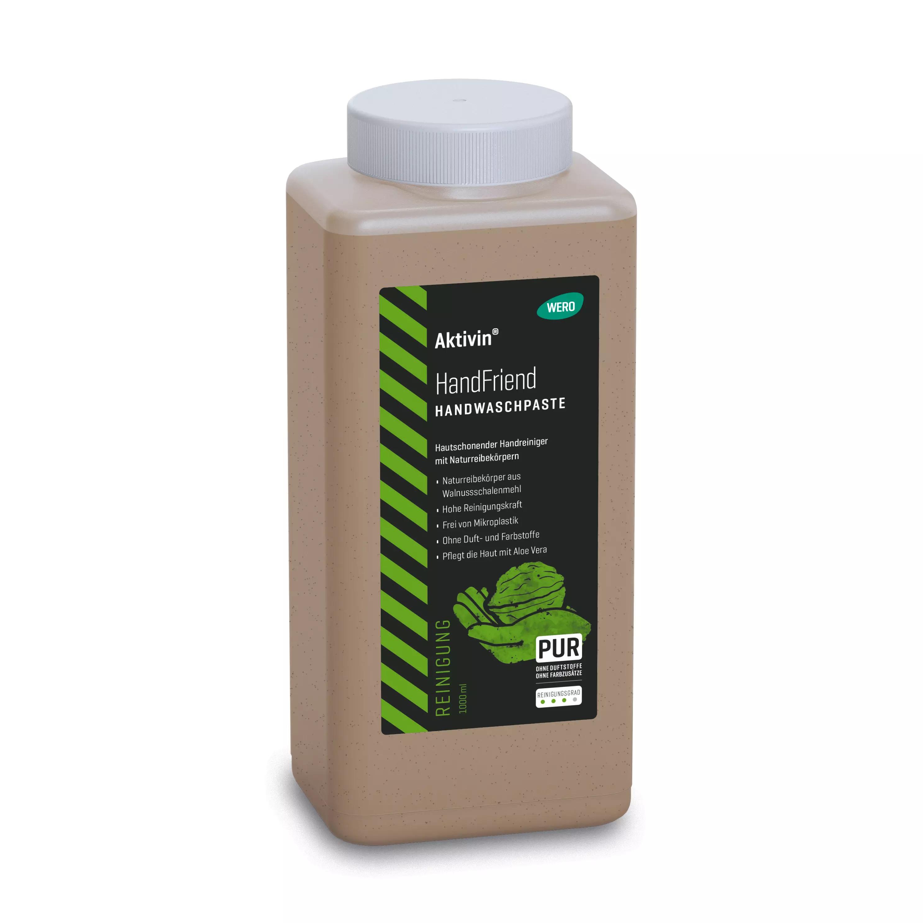 Rechteckige Handwaschpaste Aktivin® HandFriend Euroflasche 1.000 ml mit weißem Deckel, parabenfrei, natürliche Walnussschalen- und Rückfettungsformel.