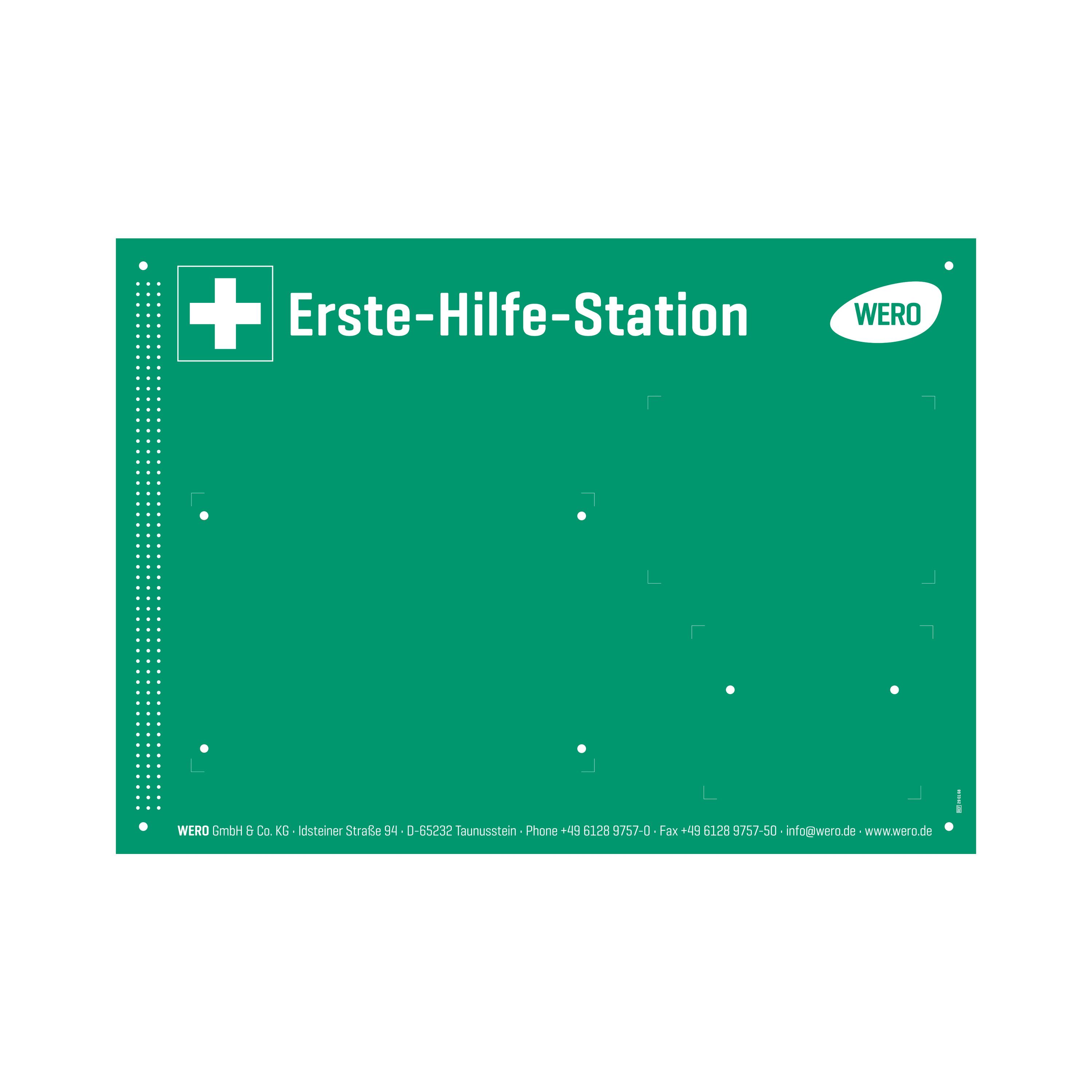 Grüne Erste-Hilfe-Station mit weißem Kreuz, ausführlicher Notfall- und Kontaktliste sowie WERO Logo und Unternehmensdaten auf der Vorderseite.