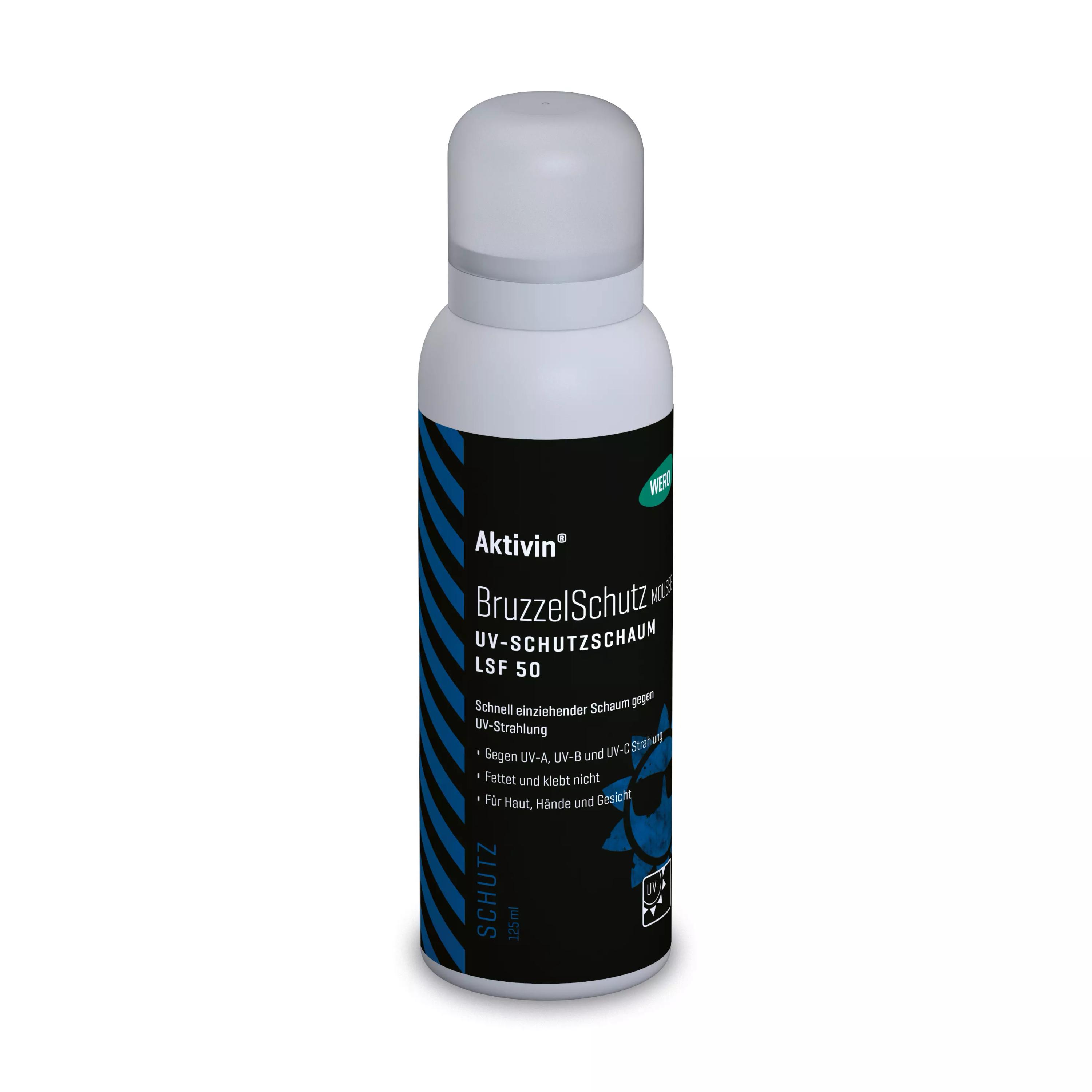 Schwarze Dose UV-Schutzschaum Aktivin® BruzzelSchutz Mousse LSF 50, 125 ml mit weißem Deckel, blauer Seitenstreifen und klar lesbarer Produktbezeichnung.