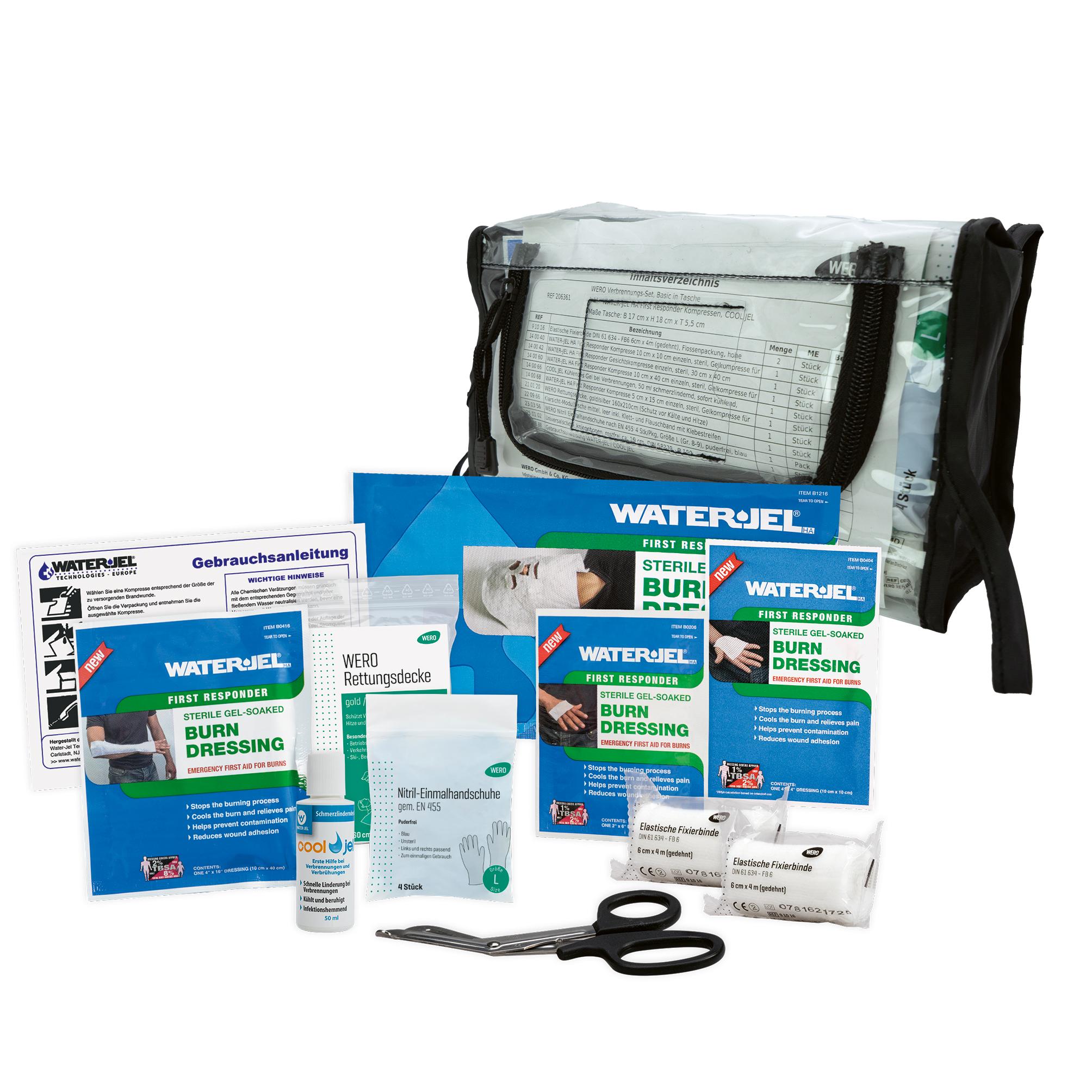 WERO Verbrennungs-Set, Basic - Tasche mit steril verpackten WATER-JEL Kompressen, Kühlgel, Fixierbinden und Universalschere in transparenter Tragebox