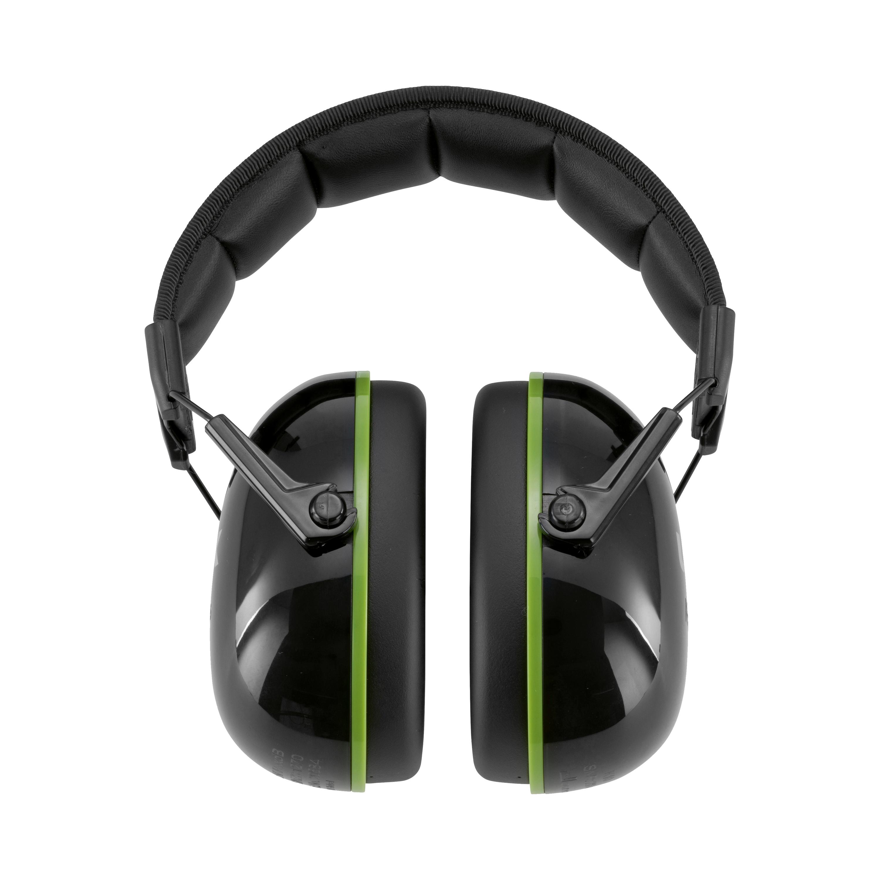 Sleek design uvex K10 Kapselgehörschutz mit schwarz-grünen Ohrmuscheln, faltbarem Kopfband und stufenlos verstellbarer Länge, gepolstert mit Memory Foam.