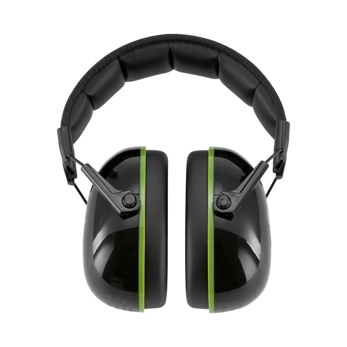 Sleek design uvex K10 Kapselgehörschutz mit schwarz-grünen Ohrmuscheln, faltbarem Kopfband und stufenlos verstellbarer Länge, gepolstert mit Memory Foam.