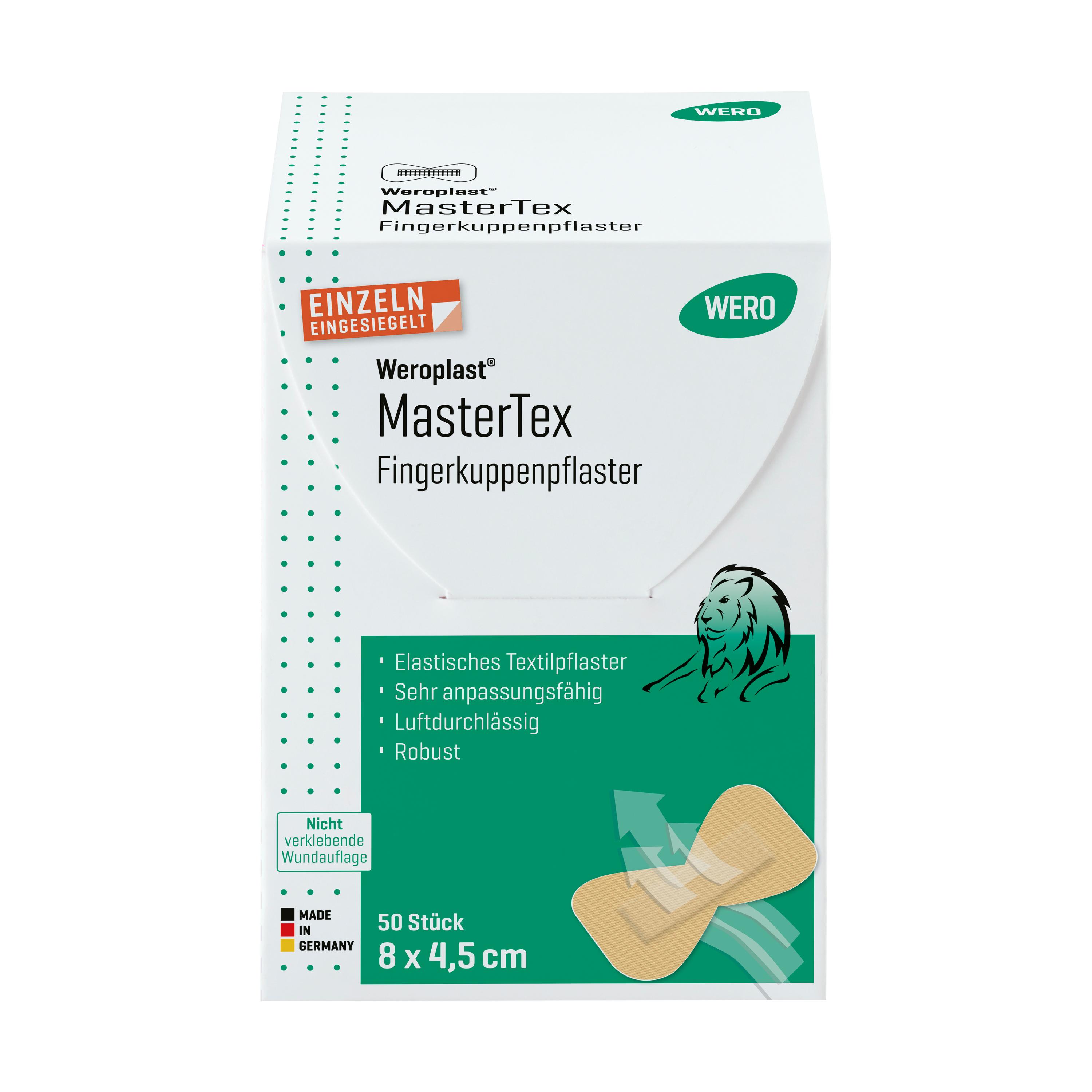 Eine Hand hält ein gefaltetes, hellbraunes Papierklebeband in weißer, rechteckiger Verpackung zwischen Daumen und Fingern.