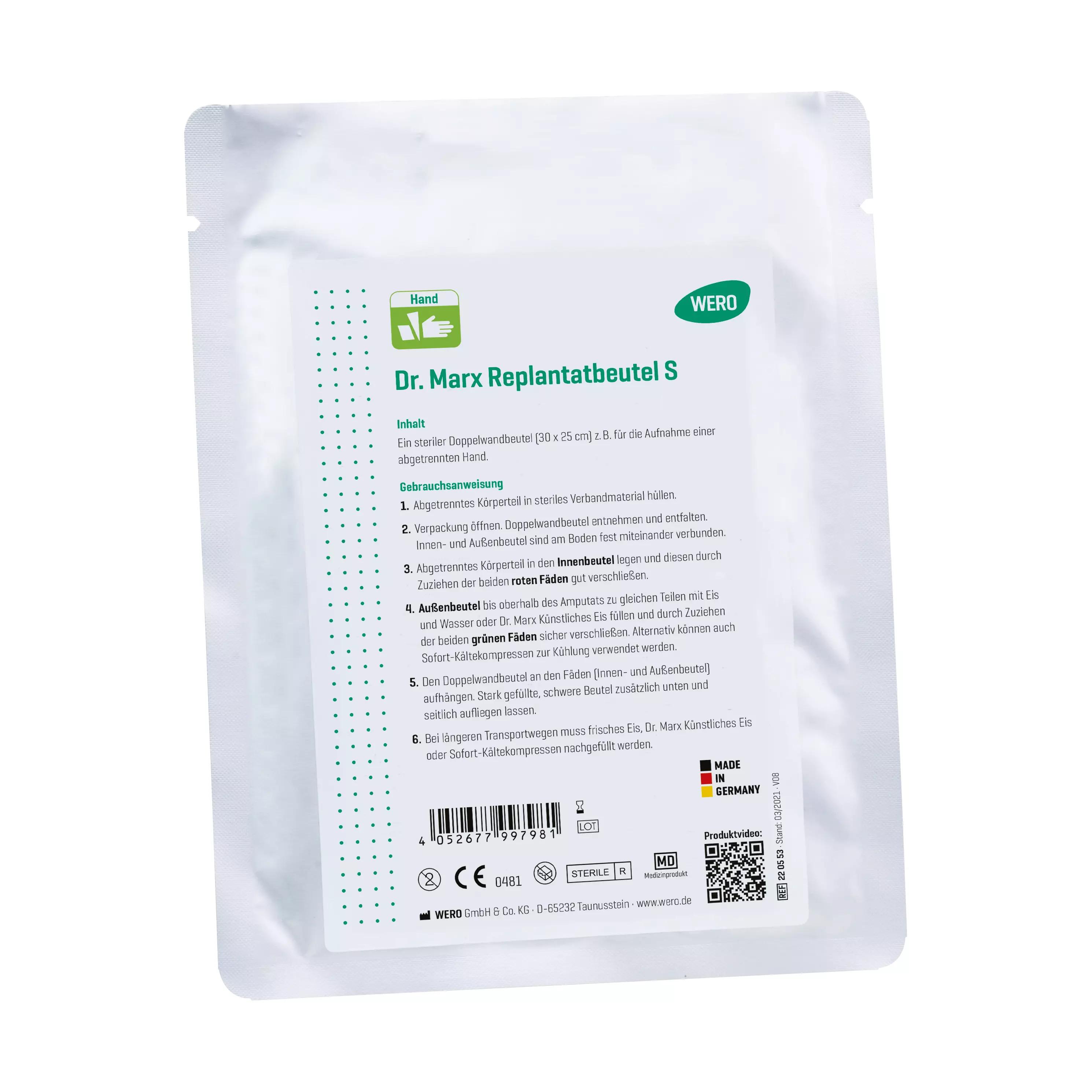 Sterile Dr. Marx Replantatbeutel S für Finger oder Hand, rechteckige Doppelwandverpackung mit detaillierter Produktetikettierung und QR-Code.
