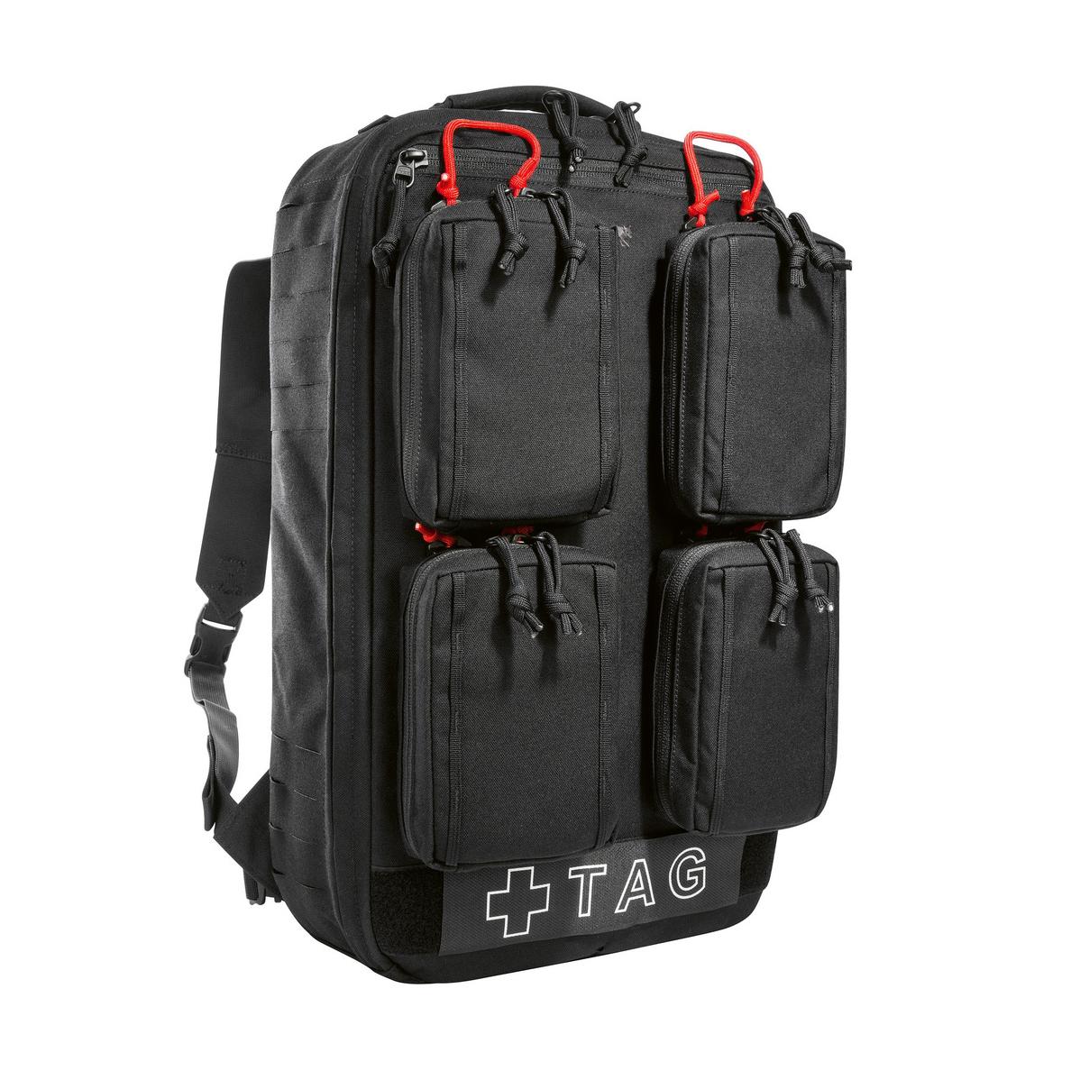Schwarzer TT Medic Mascal Pack mit vier IFAK-Pouches an der Front, roten Riemen und "TAG" Logo für den schnellen Zugriff bei Notfällen.