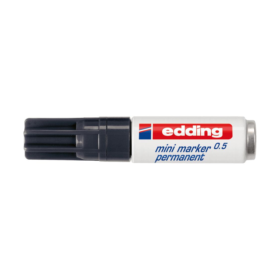 edding Permanent-Marker mini marker 0,5 mit rotem und blauem Streifen, silberner Kappe und feiner, grauer Spitze.