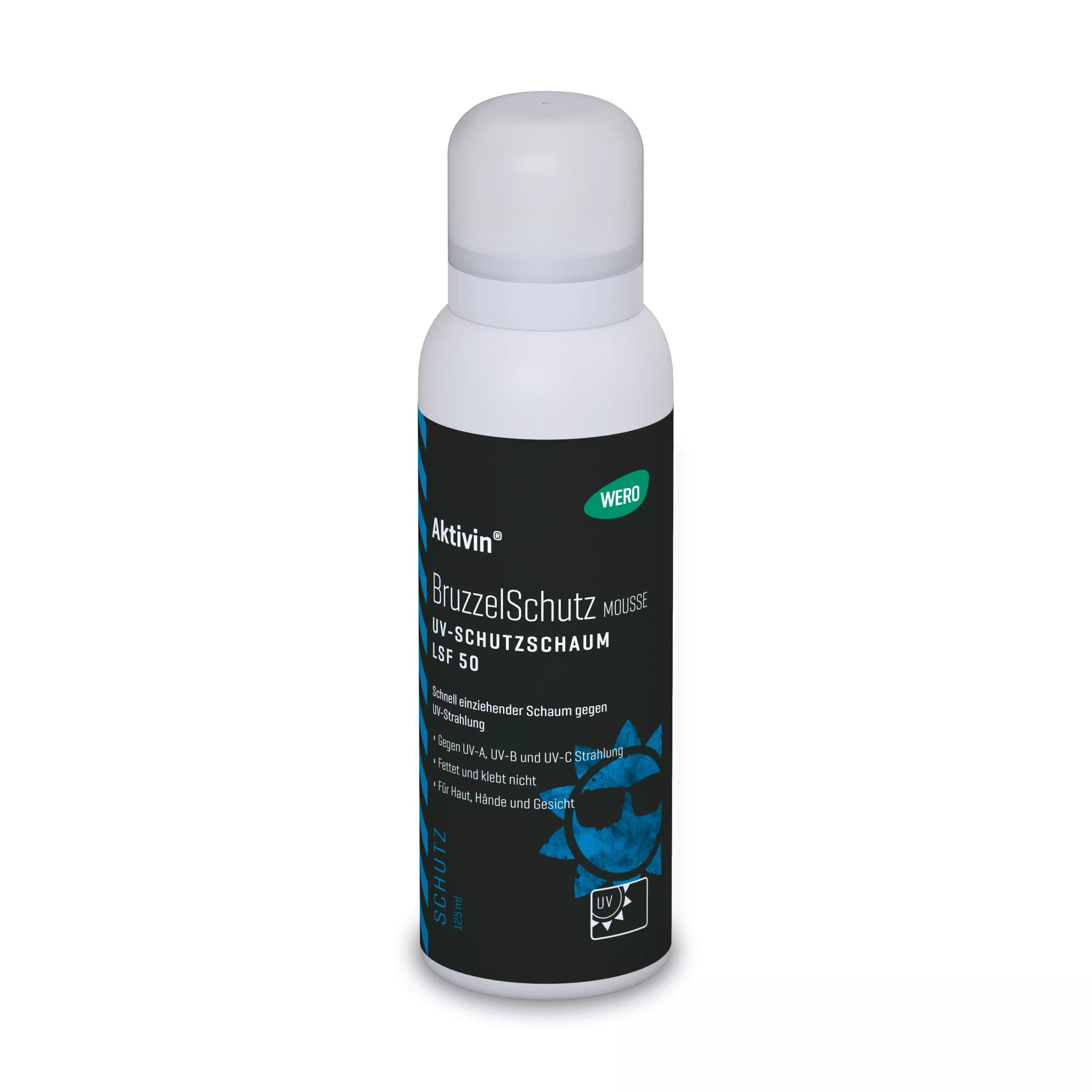 Weiß-blaue Spraydose UV-Schutzschaum Aktivin® BruzzelSchutz Mousse LSF 50 mit 125 ml, schneller einziehender, cremiger Schaum für UV-Schutz