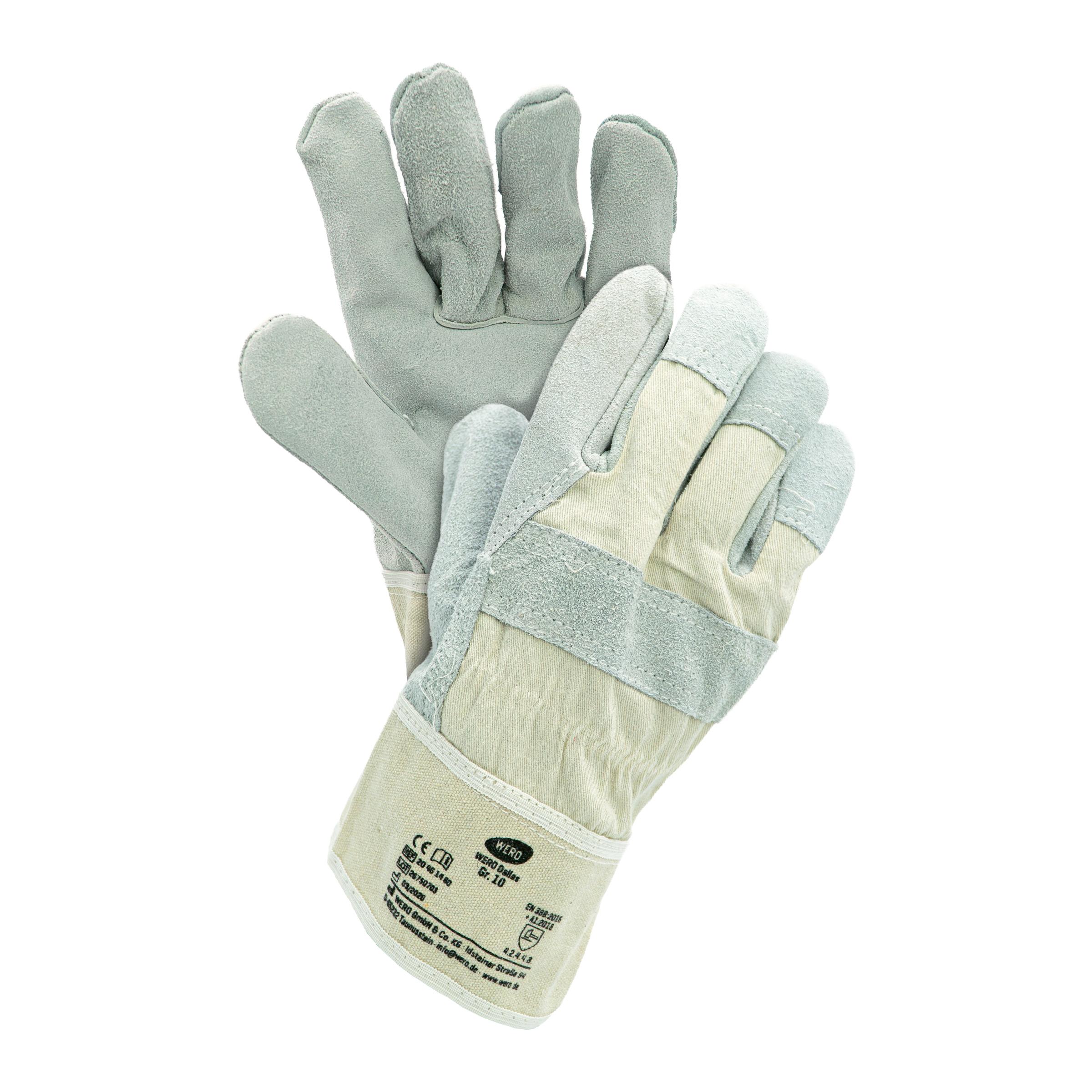 Ein Lederhandschuh WERO Dallas aus naturfarbenem Rindspaltleder mit orangefarbener Kante, sechs Fingerlöchern und gefütterter Innenhand.