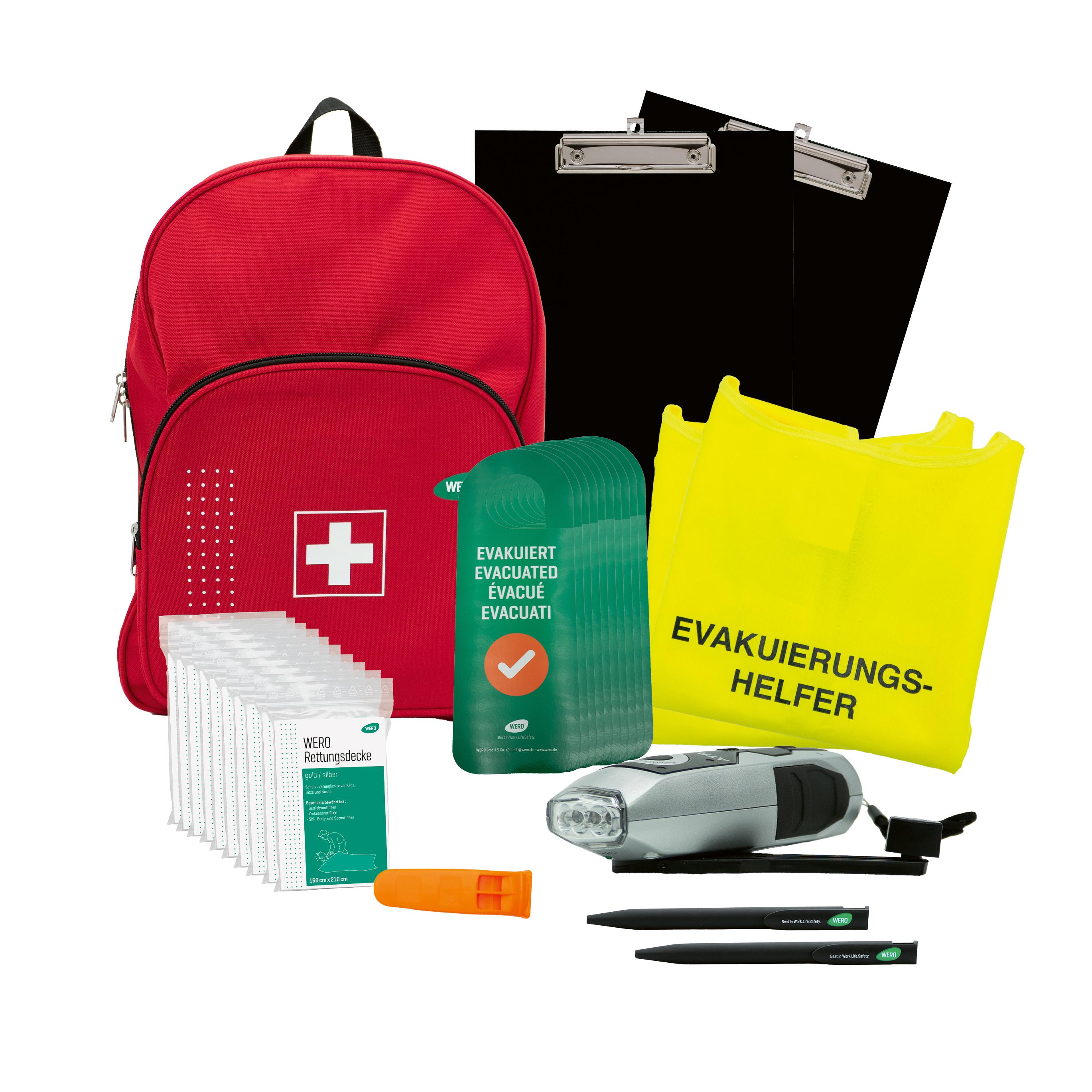 Ein roter WERO Evakuierungs-Rucksack mit weißem Kreuz, Clipboards, Notfallhilfspaketen, orangefarbener Pfeife und gelbem Erste-Hilfe-Beutel.