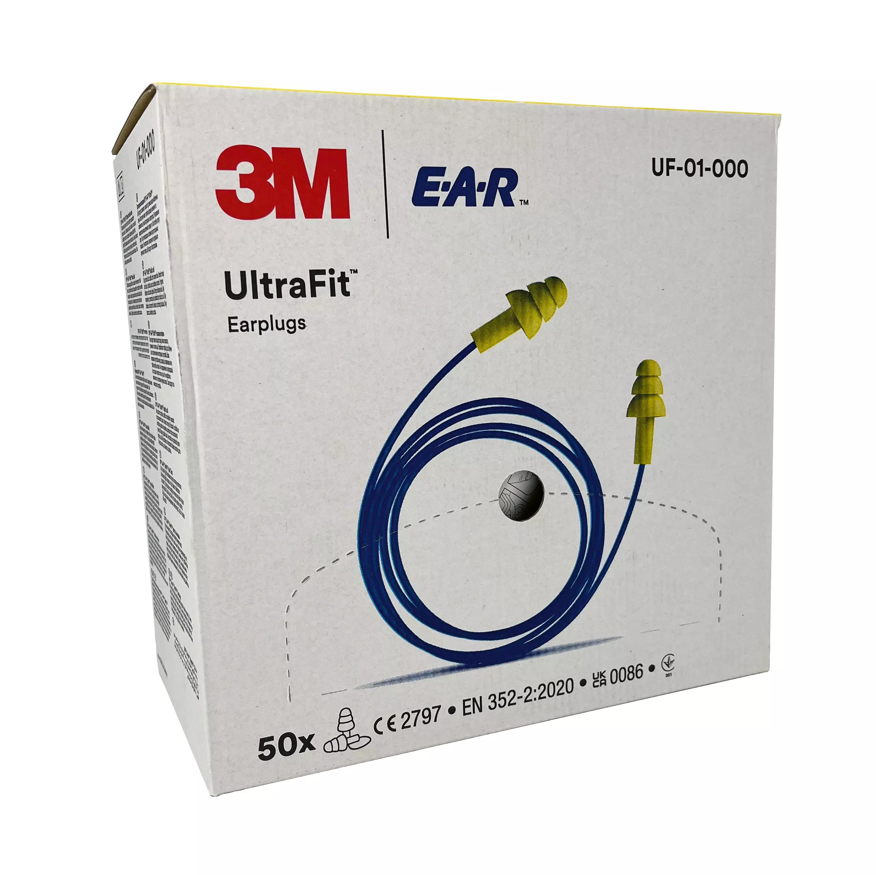 Gelbe 3M E-A-R ULTRAFIT Gehörschutzstöpsel mit blauer Kordel und 50 Paar Angabe sind aufrecht auf einer weiß-gelben Verpackung abgebildet.