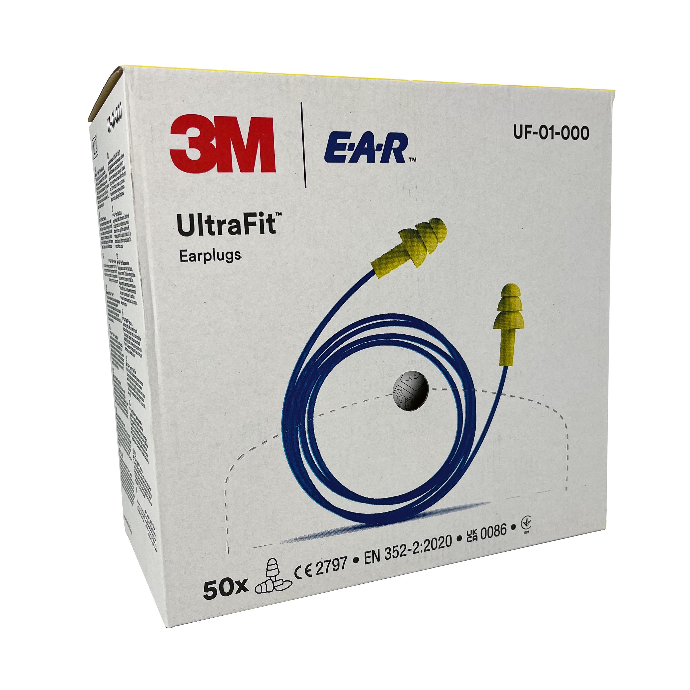 Gelbe 3M E-A-R ULTRAFIT Gehörschutzstöpsel mit blauer Kordel und 50 Paar Angabe sind aufrecht auf einer weiß-gelben Verpackung abgebildet.