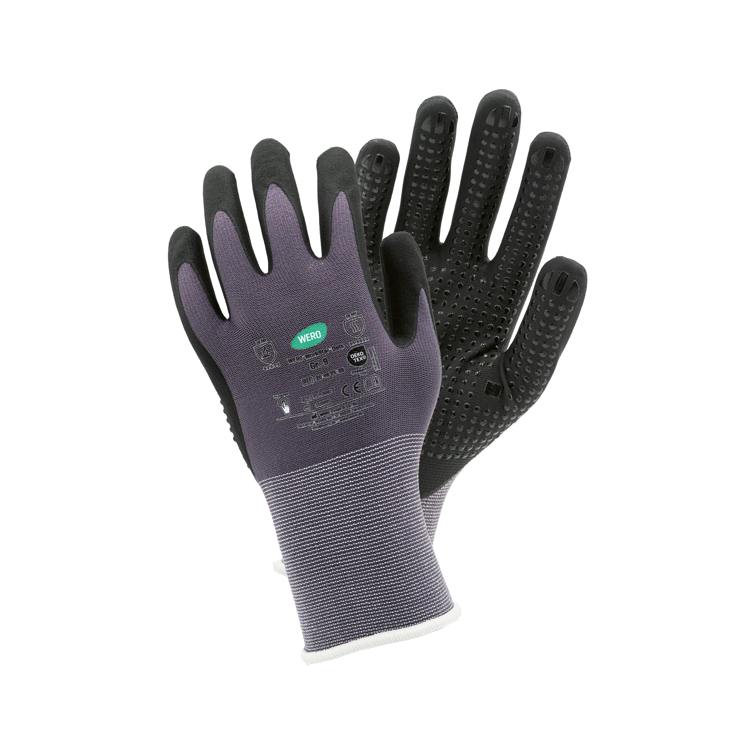 Zwei Montagehandschuhe WERO WorkStar Dots mit hochwertiger Nitrilbeschichtung und Nitrilnoppen für optimalen Schutz und sicheren Griff werden frontal gezeigt.