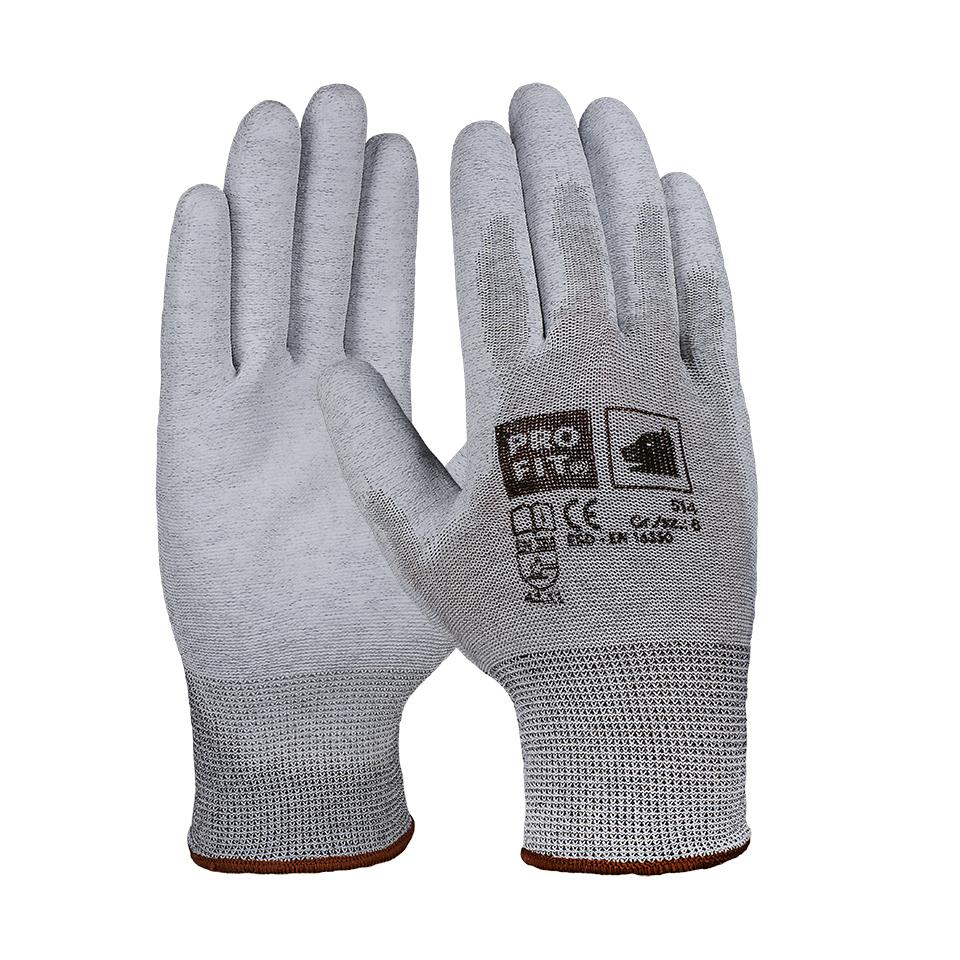 Ein Paar hellgraue Montagehandschuhe ESD wird gezeigt, mit strukturierter Handfläche, PU-Beschichtung, Carbonfasern und elastischem Bund.