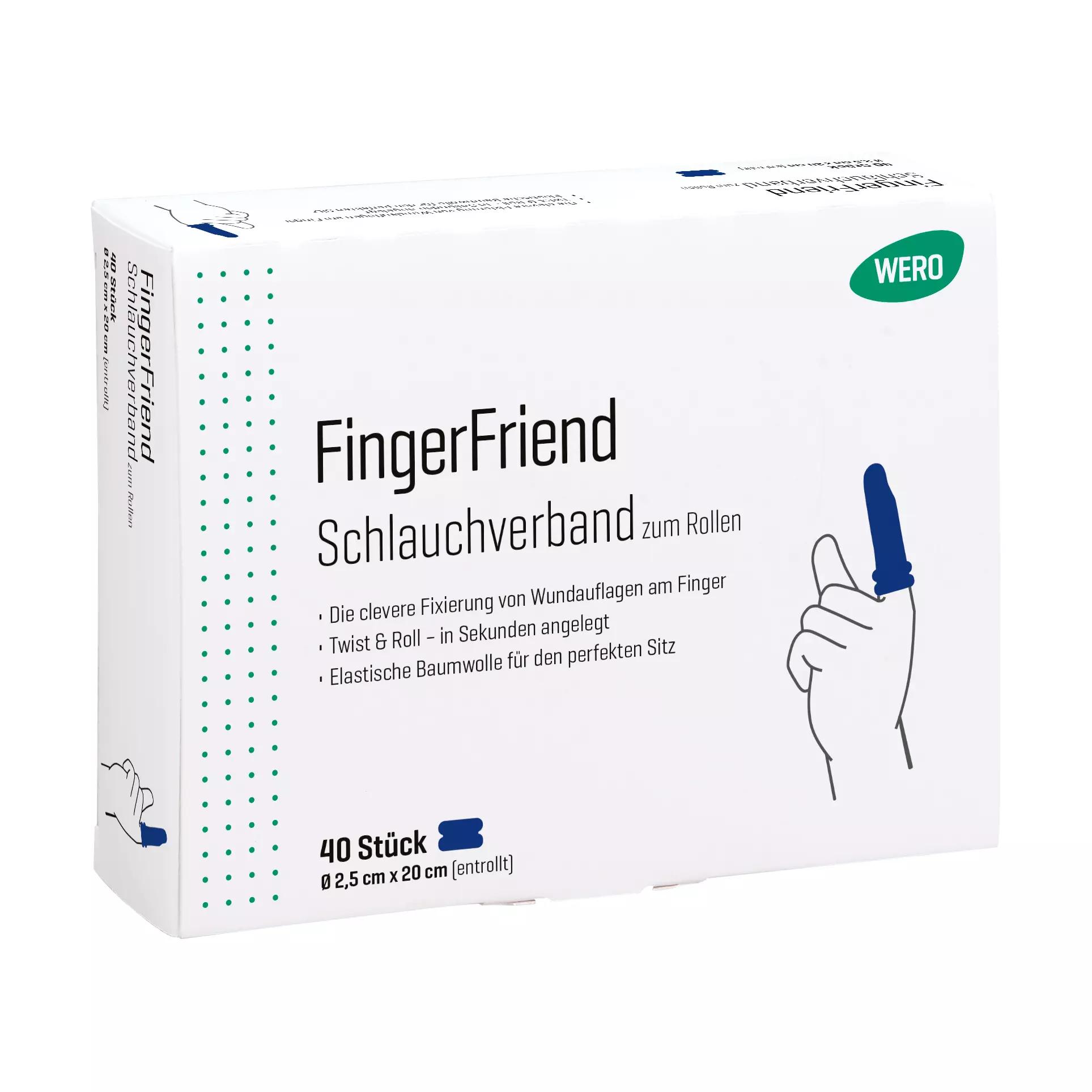 Eine weiße Box mit dem WERO FingerFriend Schlauchverband, 40 Stück, für Finger, mit elastischer blauer Baumwolle und hoher Sichtbarkeit.