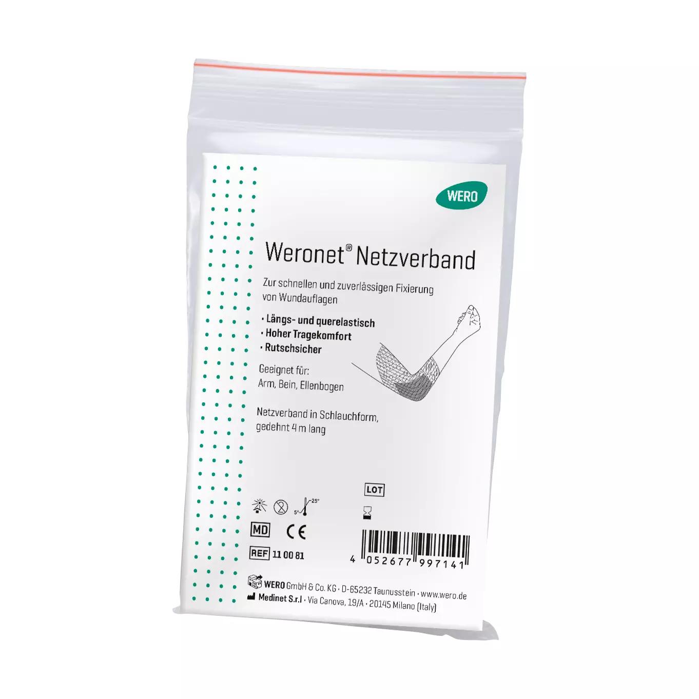 Eine versiegelte Packung Weronet® Netzverband mit Hinweis auf schnelle Fixierung, hoher Flexibilität und komfortablem Sitz für die Wundversorgung.