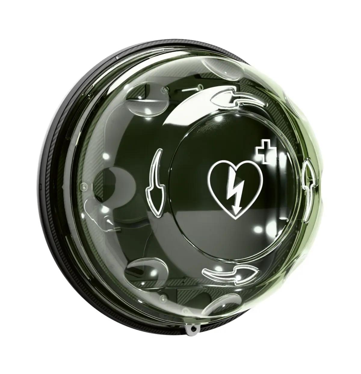 Herzförmiges Defibrillator-Gerät mit weißem Blitzsymbol, schwarzem Rand, transparentem Gehäuse und Richtungspfeilen zur Bedienung