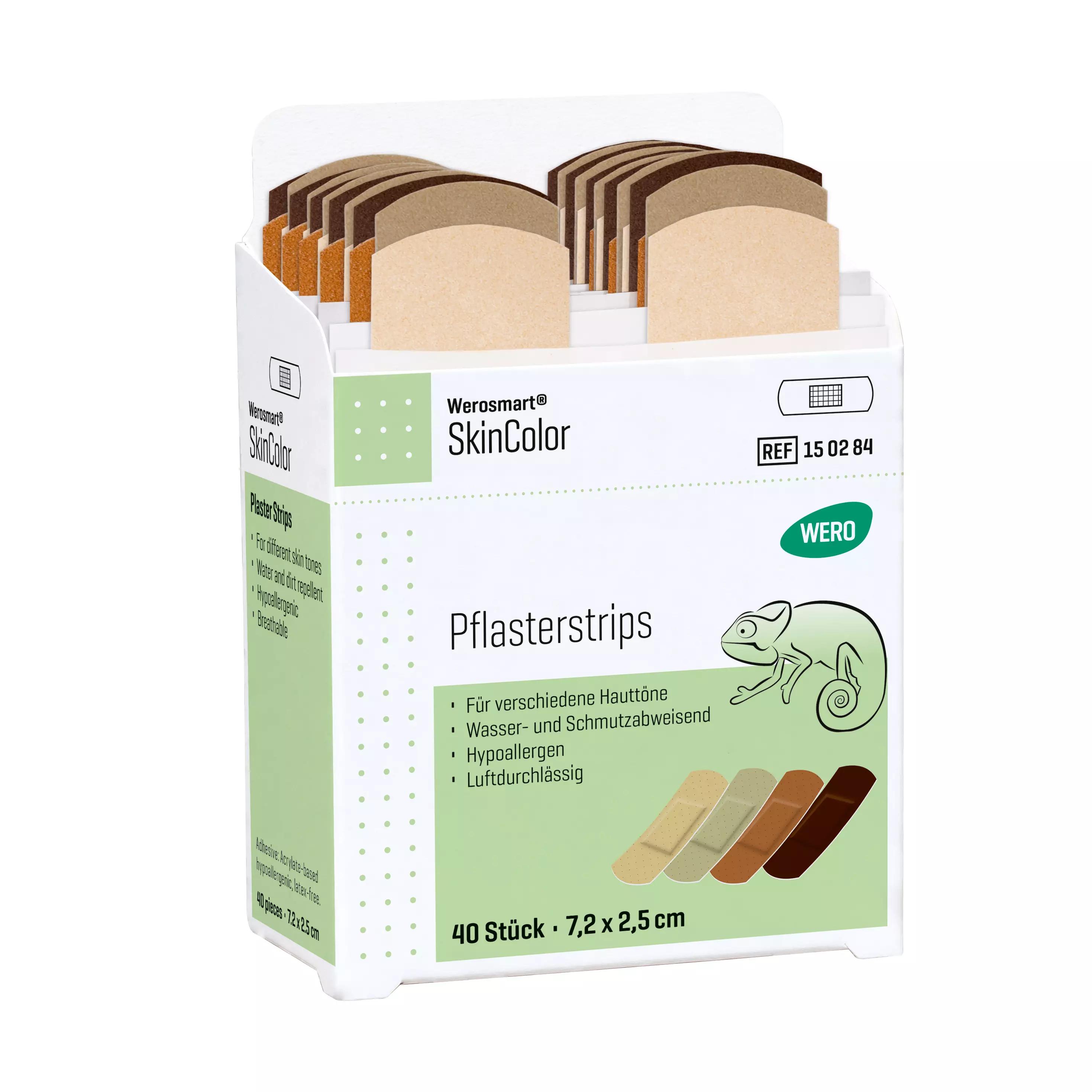 Eine aufrecht stehende Box Werosmart® SkinColor Pflasterspender-Einsätze Pflasterstrips zeigt Pflaster in vier Hauttönen, wasserabweisend und hypoallergen.