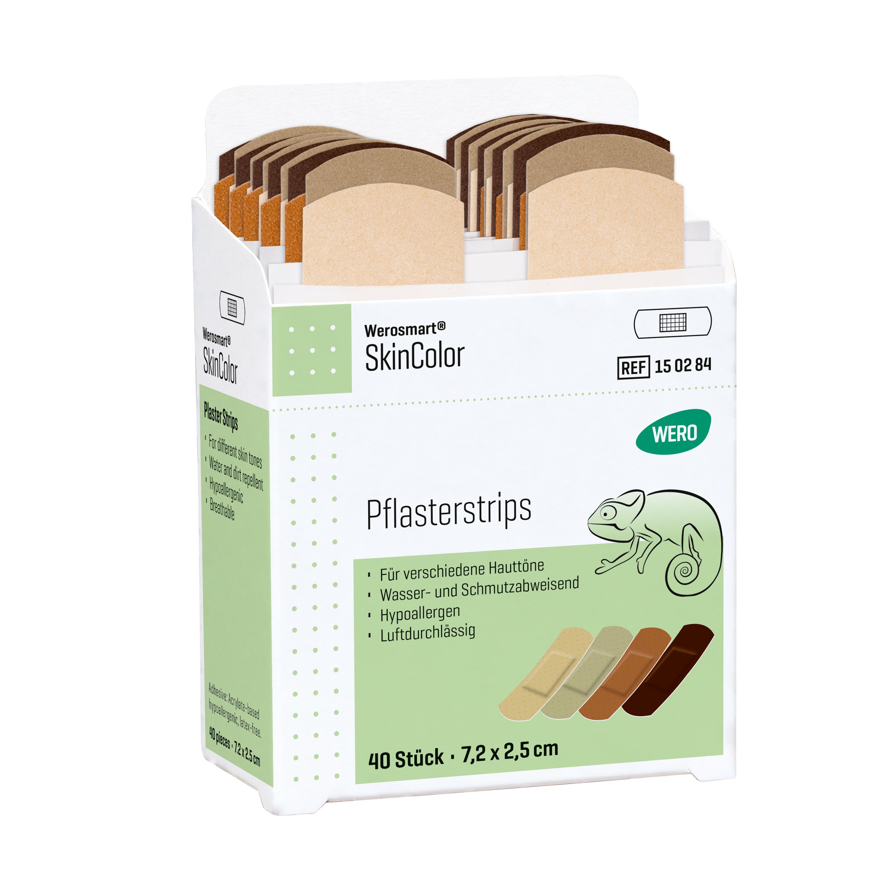 Eine aufrecht stehende Box Werosmart® SkinColor Pflasterspender-Einsätze Pflasterstrips zeigt Pflaster in vier Hauttönen, wasserabweisend und hypoallergen.