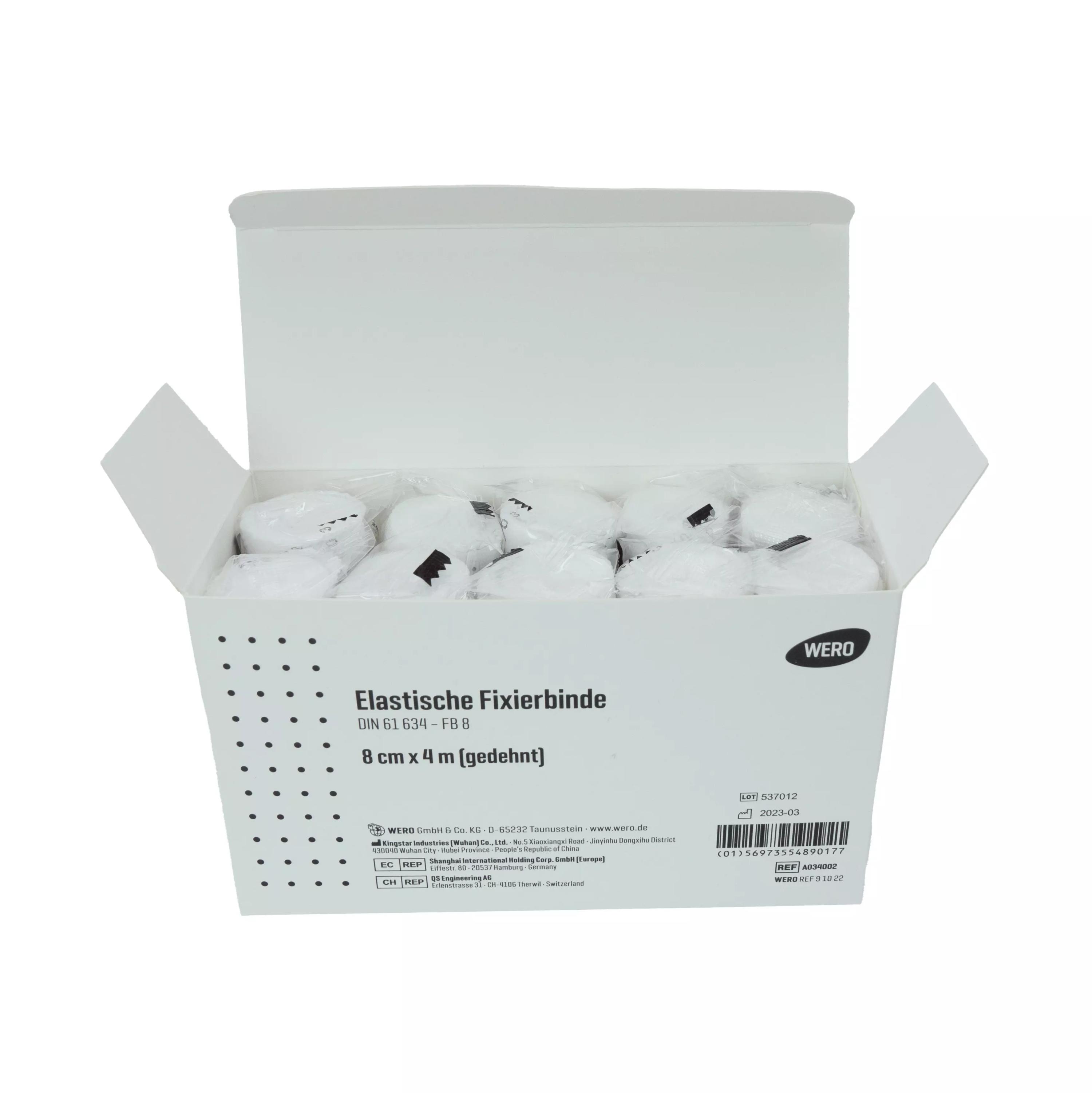 Weiße Mullbinde Elastische Fixierbinde DIN 61634 - 8 cm, 10 Stk einzeln verpackt in geöffneter Schachtel, aus dehnbarem, weichem, atmungsaktivem Material.