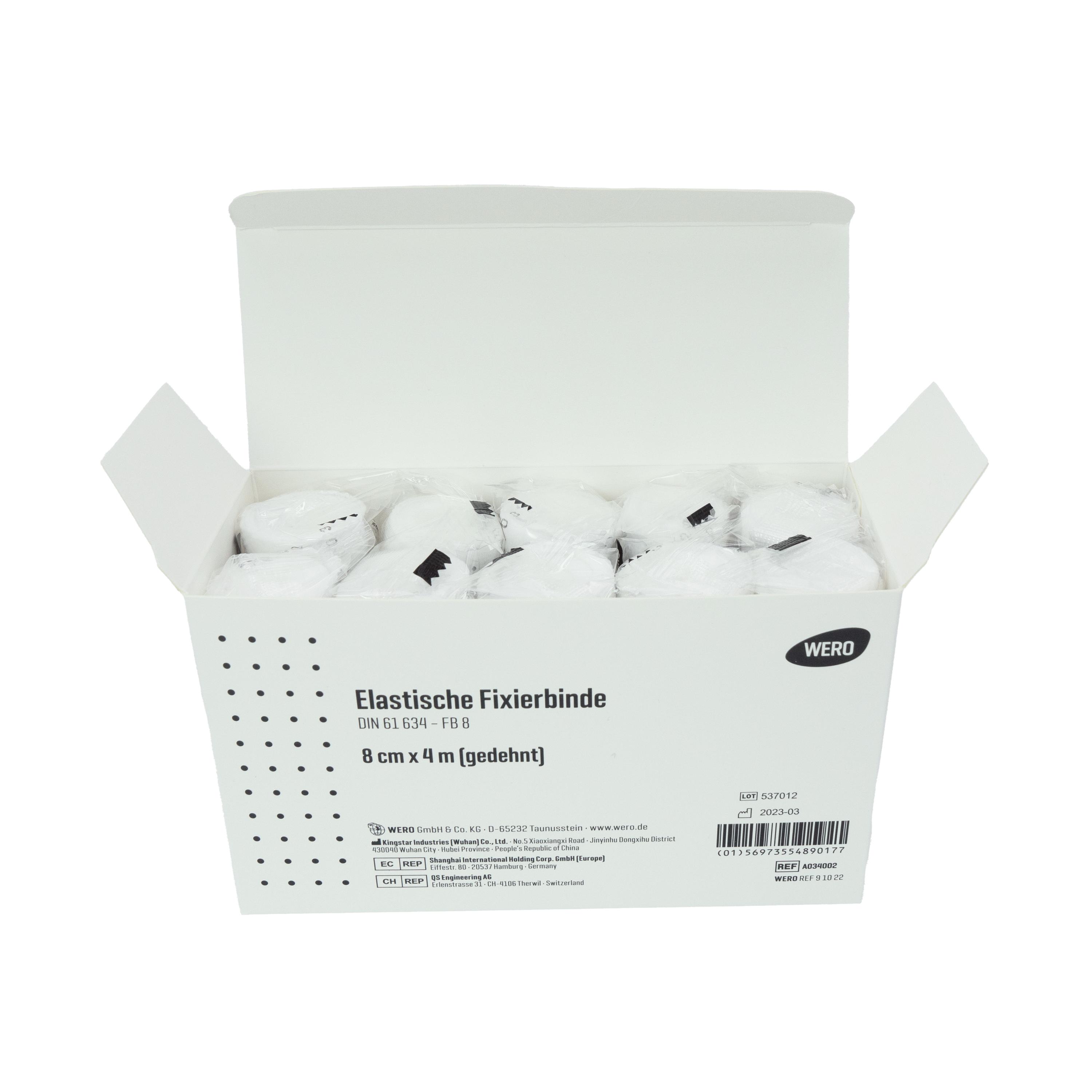 Weiße Mullbinde Elastische Fixierbinde DIN 61634 - 8 cm, 10 Stk einzeln verpackt in geöffneter Schachtel, aus dehnbarem, weichem, atmungsaktivem Material.