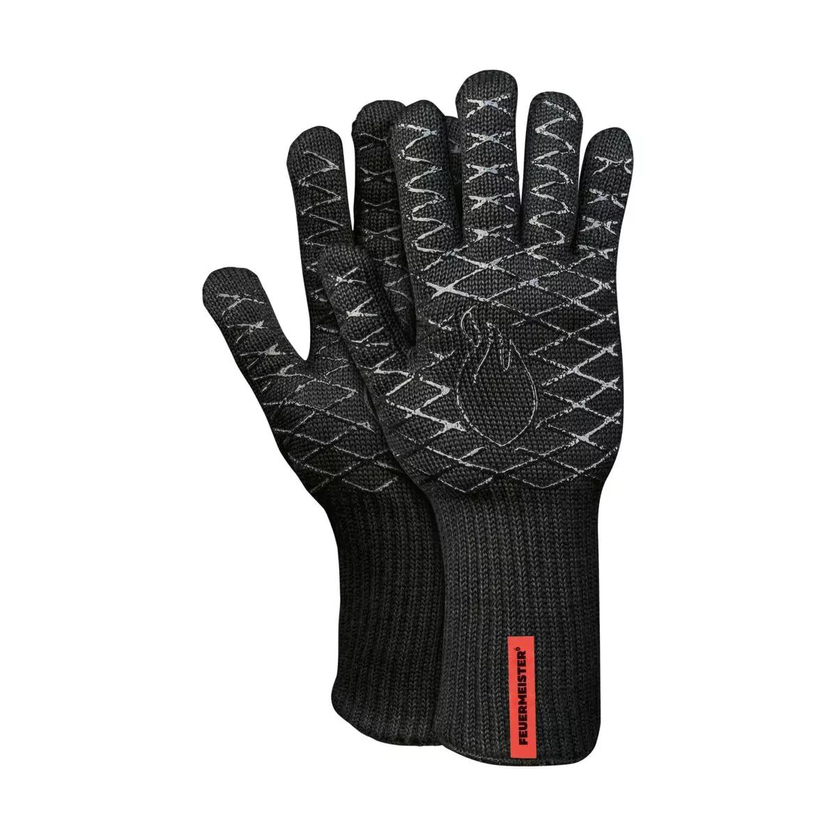 Zwei Hitzeschutzhandschuhe Hitzeschutzhandschuh Aramid, 5 Paar - 8 aus schwarzem, strukturiertem Material mit roten Labels und gerippten Bündchen.