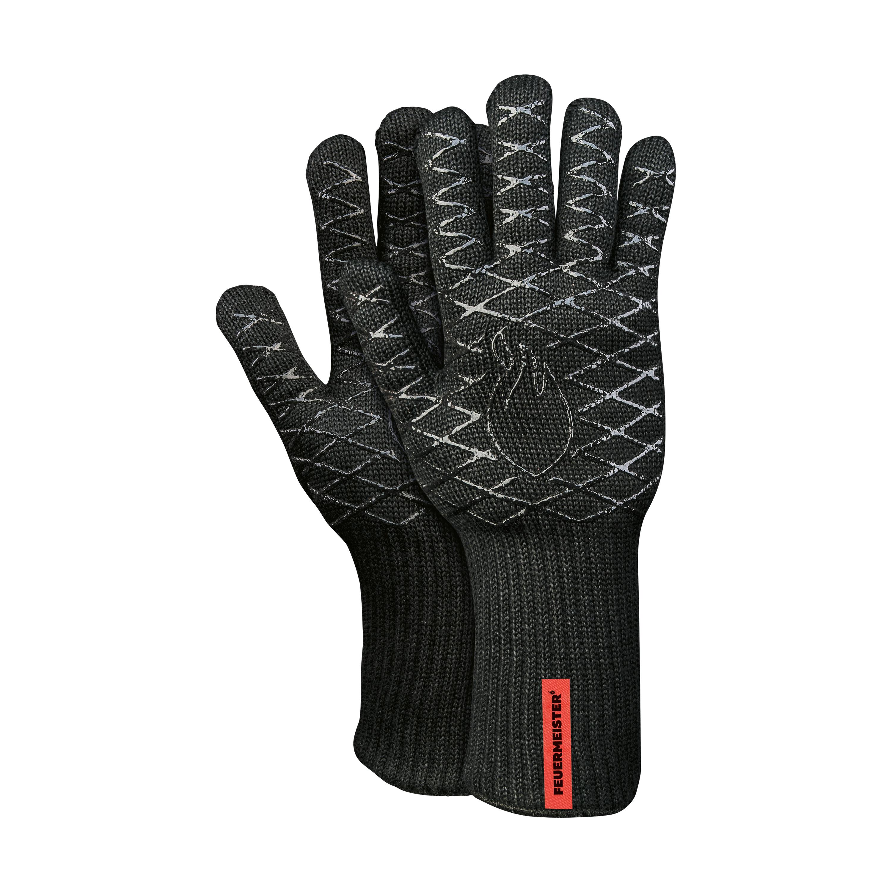Zwei Hitzeschutzhandschuhe Hitzeschutzhandschuh Aramid, 5 Paar - 8 aus schwarzem, strukturiertem Material mit roten Labels und gerippten Bündchen.