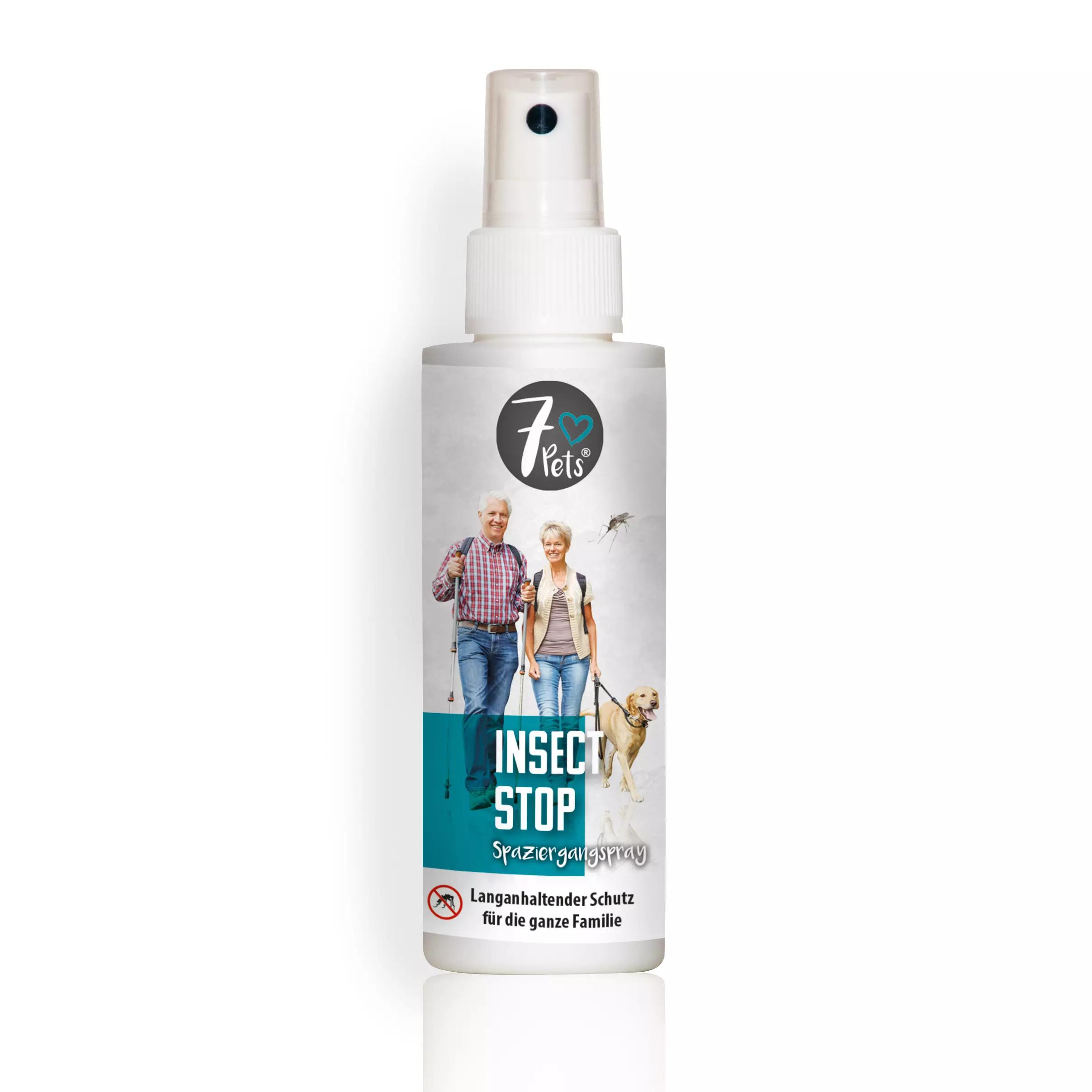 Eine weiße Sprühflasche Insect Stop Mückenschutz, 100 ml, mit blauem Etikett schützt bis zu 8 Stunden vor Mücken, Zecken und Wespen.
