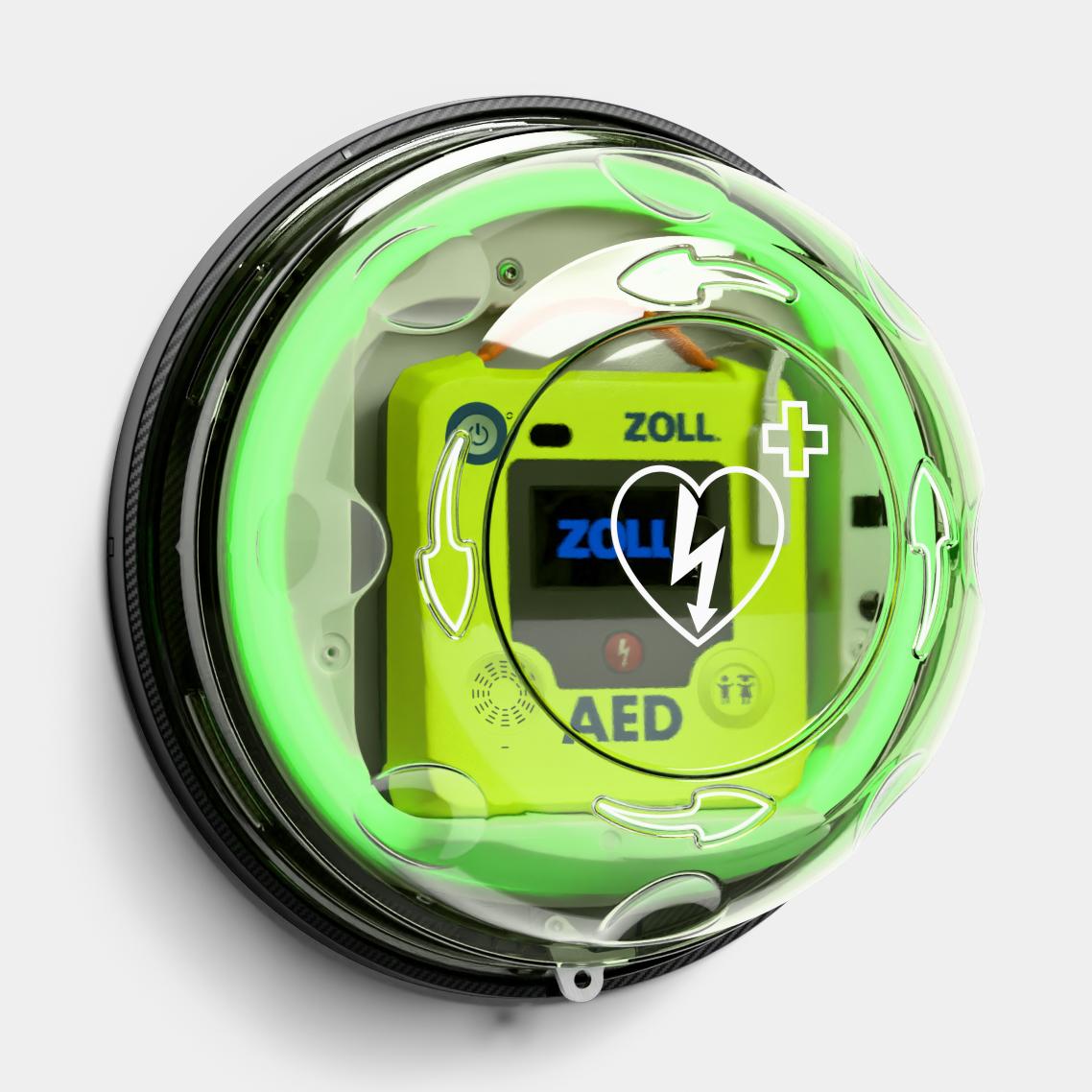 Ein Wandkasten Rotaid 24/7 zur Fernüberwachung von AEDs schützt ein grünes Zoll AED hinter einer transparenten, stoßfesten Abdeckung mit IP56-Zertifizierung.