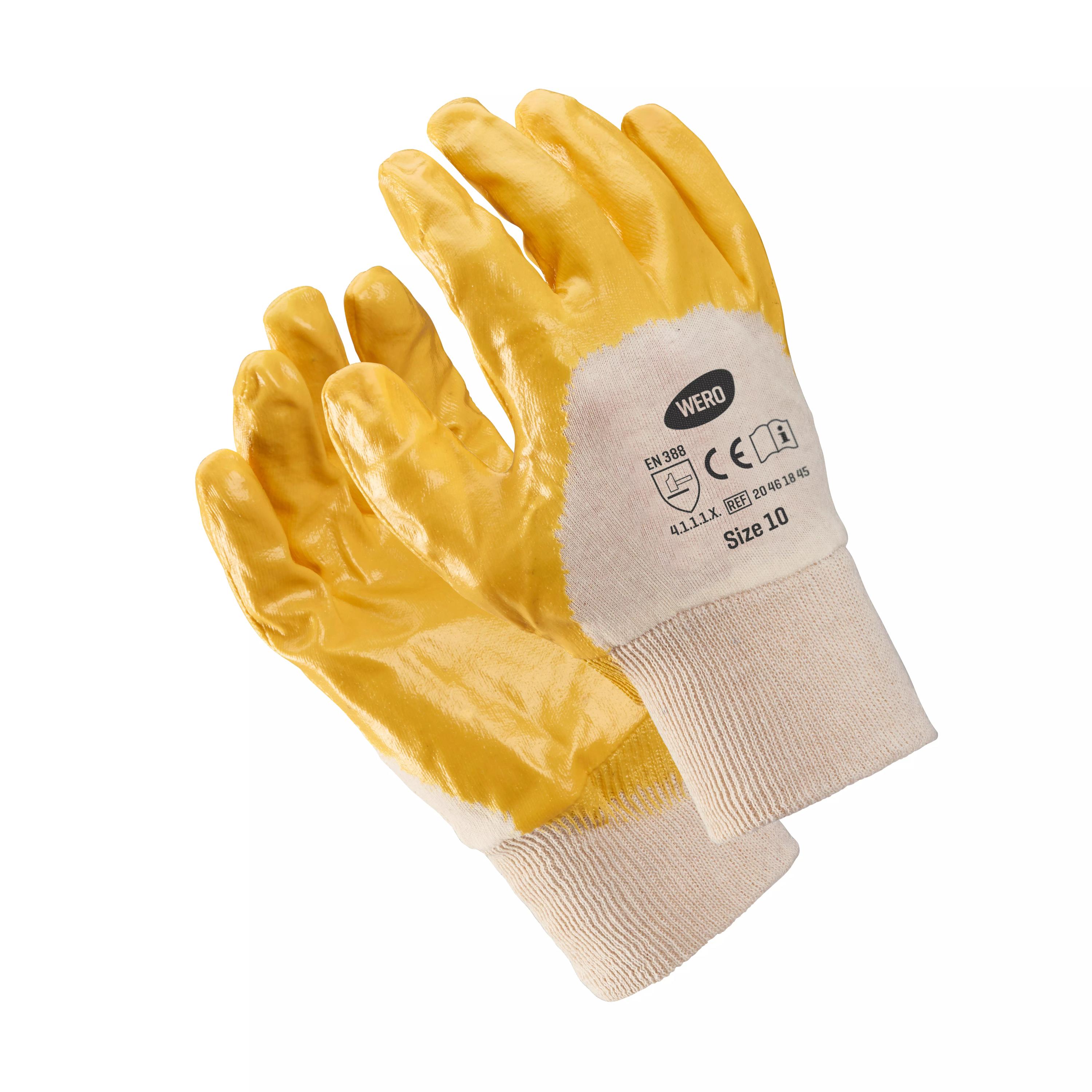 Gelbe Trikothandschuhe WERO Sunny mit Nitrilbeschichtung an Handinnenfläche und Handrücken, Baumwollträger, Länge etwa 27 cm.