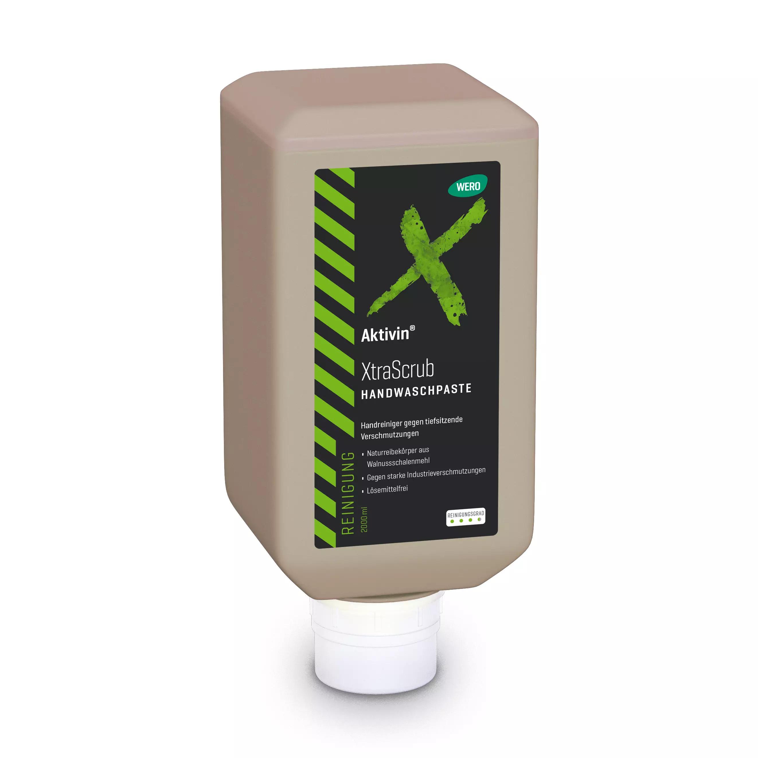 Beige Softflasche Hautreinigung Aktivin® XtraScrub mit 2.000 ml, geeignet gegen hartnäckige Verschmutzungen, enthält Walnussschalenmehl.
