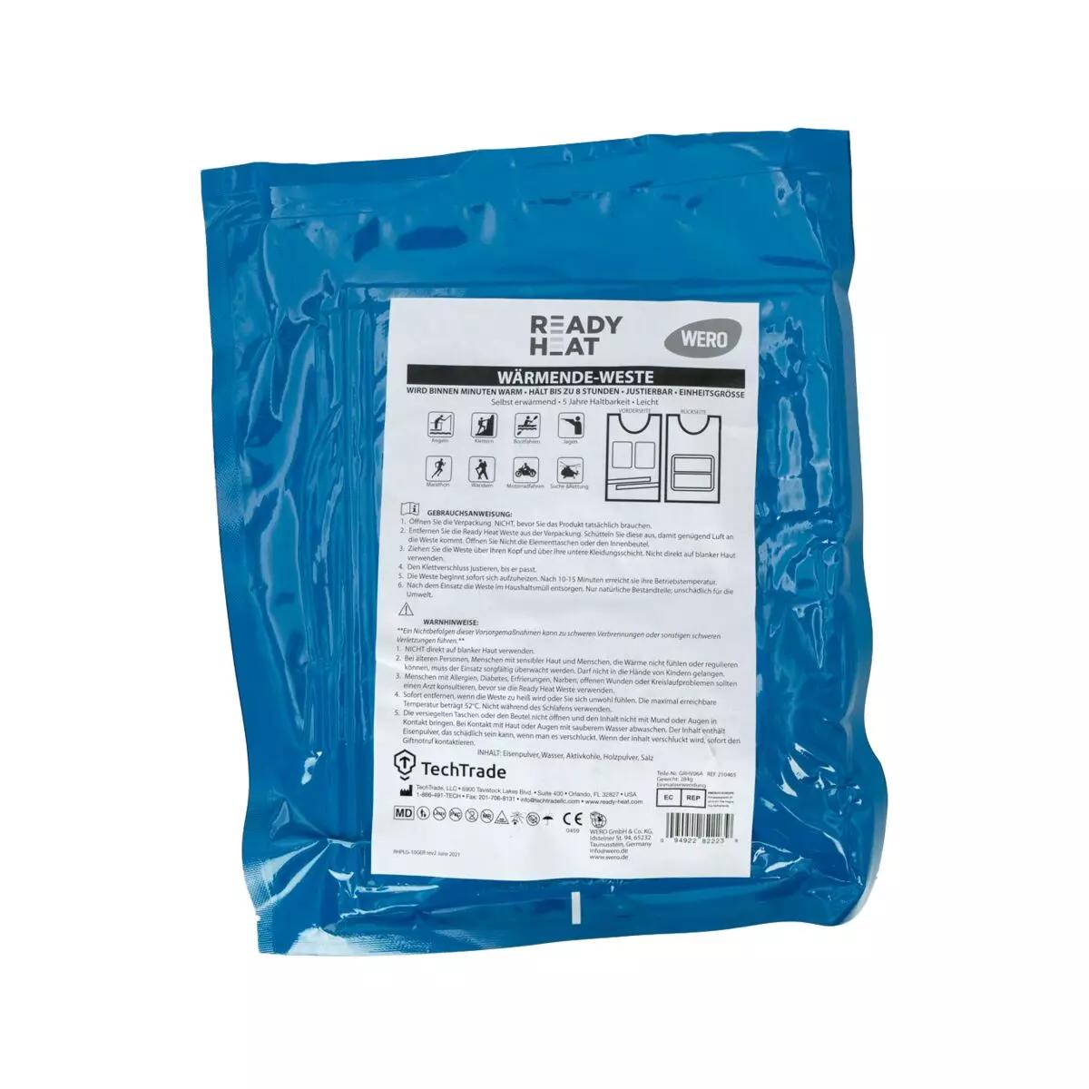 Eine versiegelte Packung Ready-Heat™ - Weste Größe M mit aufgedruckten Anweisungen, Sicherheitshinweisen und sichtbarem Barcode auf der Rückseite.