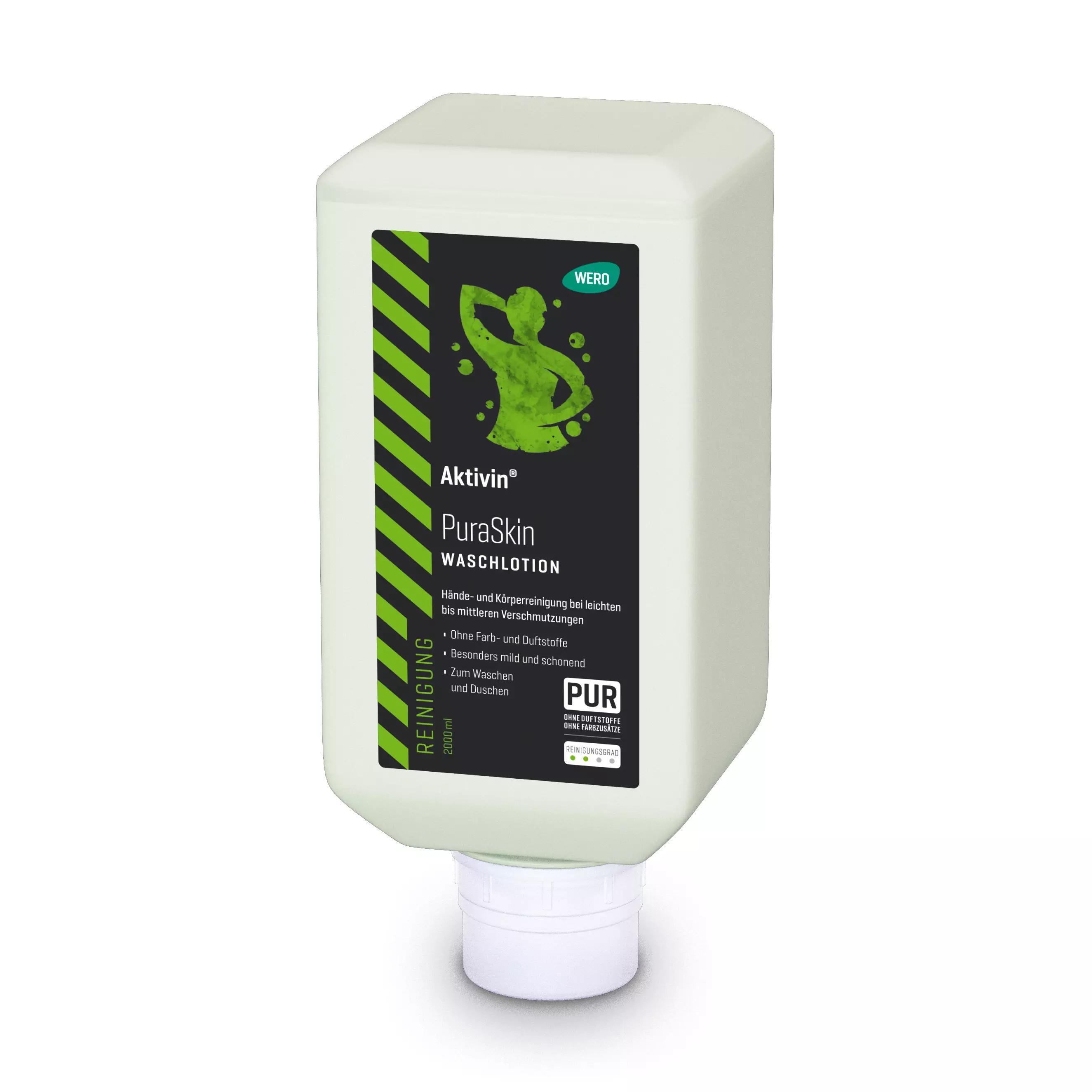 Eine beige Kunststoffflasche Waschlotion Aktivin® PuraSkin - Softflasche, 2.000 ml mit grünem Etikett, parfümfrei, steht verschlossen mit Klappdeckel.