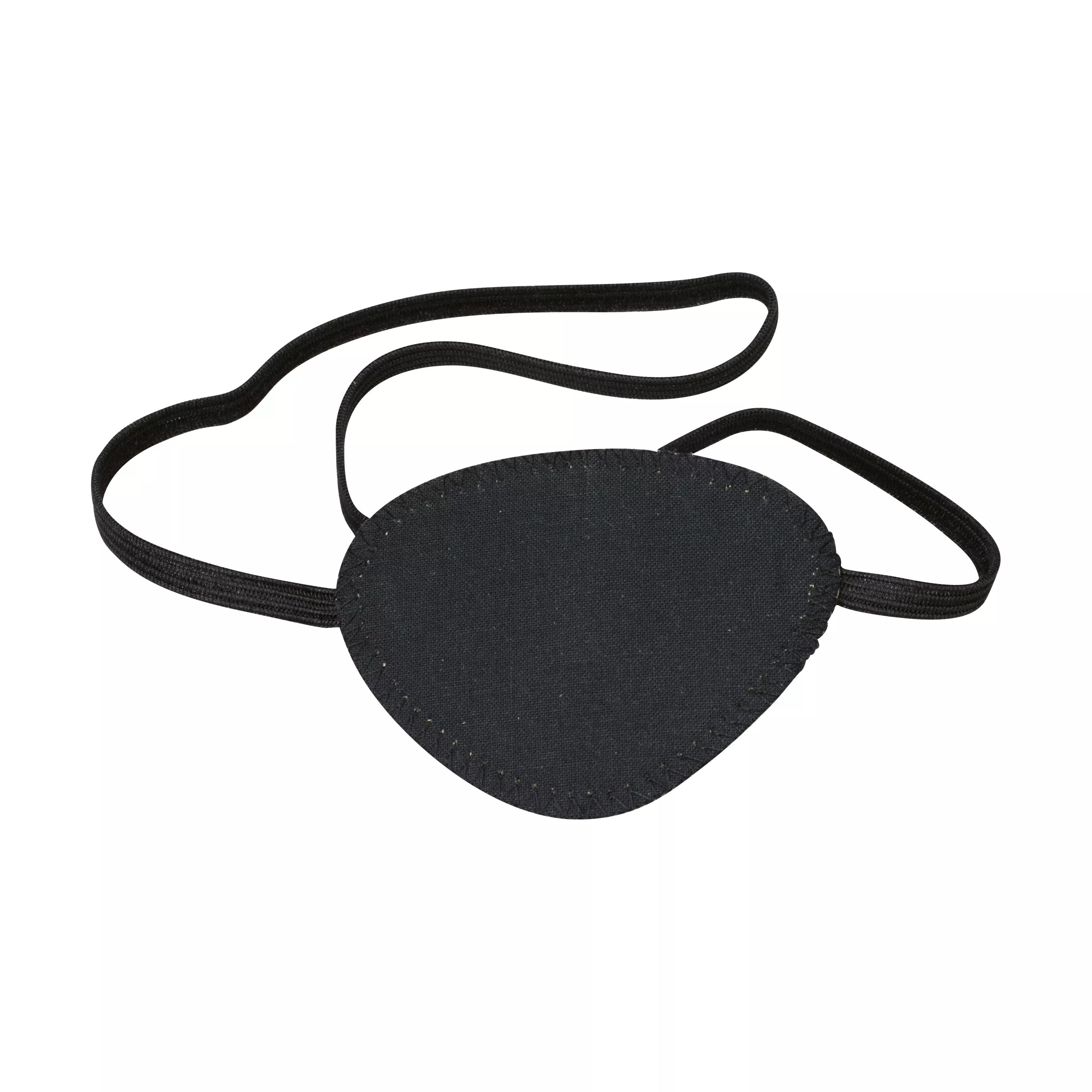 Eine schwarze Augenklappe mit ovaler Form aus Baumwolle und elastischem, individuell anpassbarem Befestigungsband liegt zentriert im Bild.