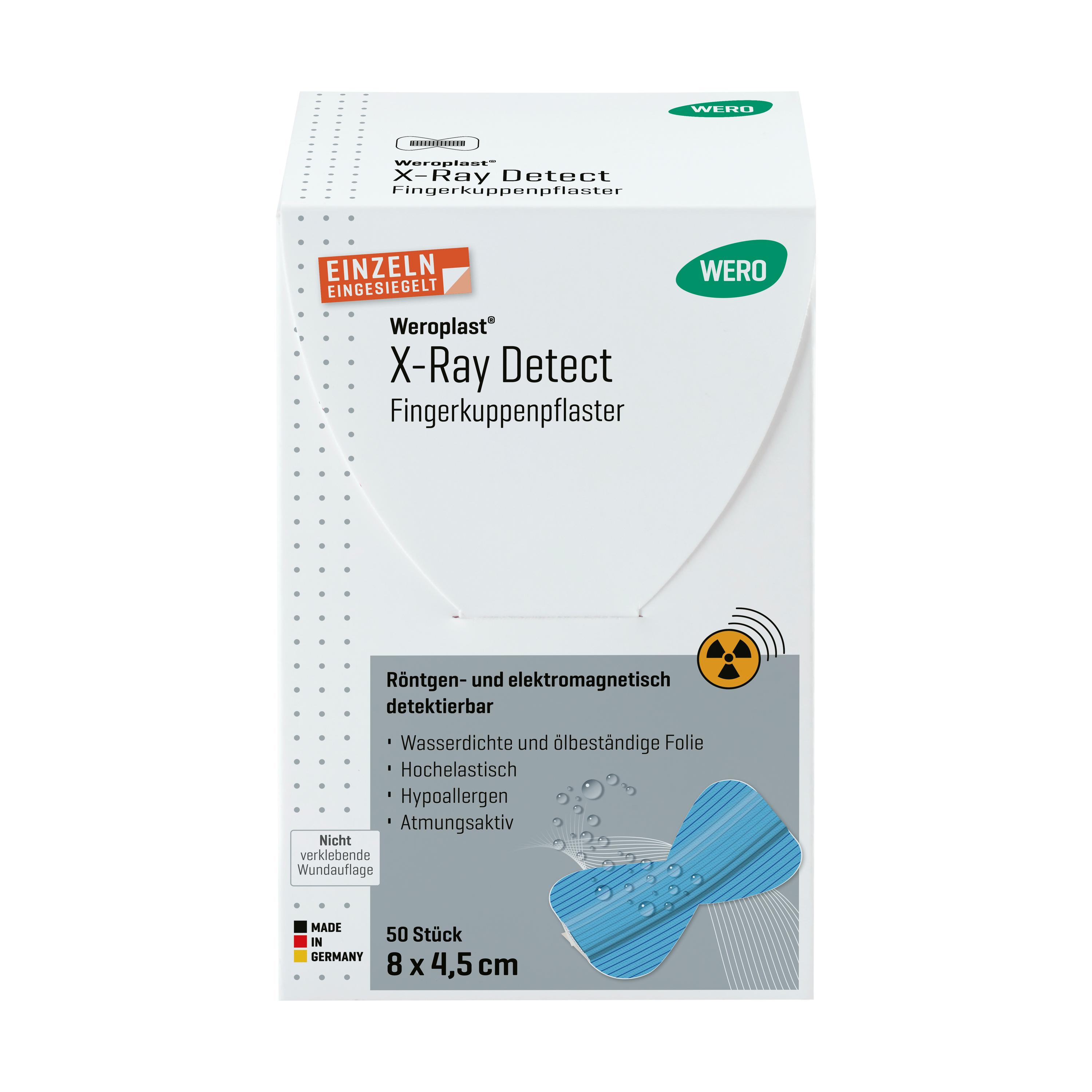 Weiße Box Fingerkuppenpflaster Weroplast X-Ray Detect mit blauer Röntgendetektor-Grafik und Hinweis auf detektierbare Eigenschaften, 50 Stück Packung
