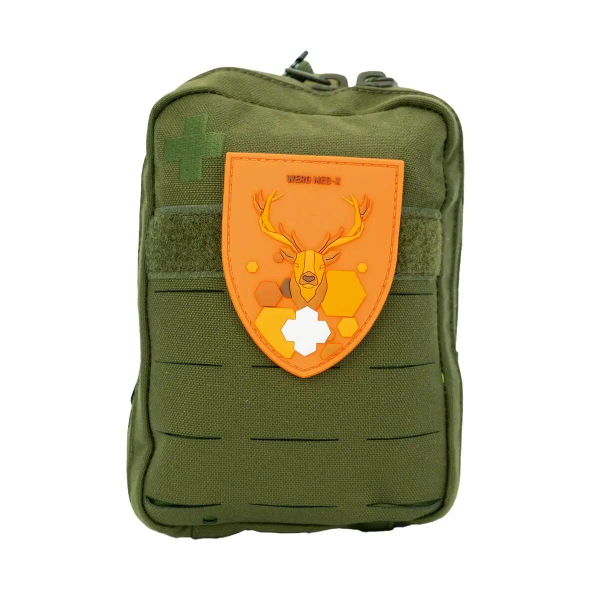 WERO MED-X Hunter Medic Pack - Basic, grüne Tasche aus robustem, wasserabweisendem Cordura mit orangefarbenem Jagdlogo, verstärkten Nähten und Klettverschluss.