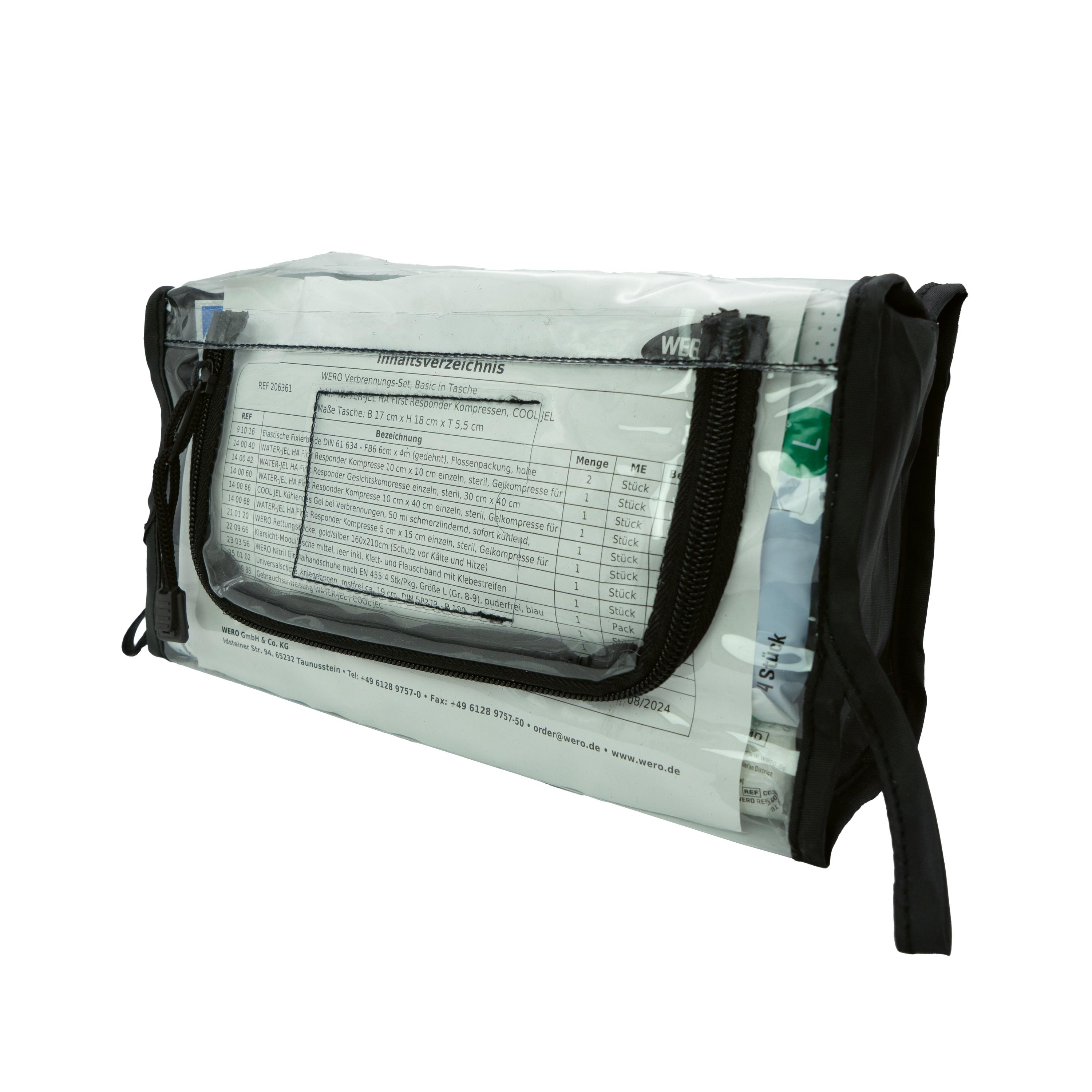 WERO Verbrennungs-Set, Basic - Tasche, geöffnet mit elastischen Fixierbinden, Water-Jel Kompressen und kühlendem Gel, samt Anleitung und Tragegurt sichtbar.