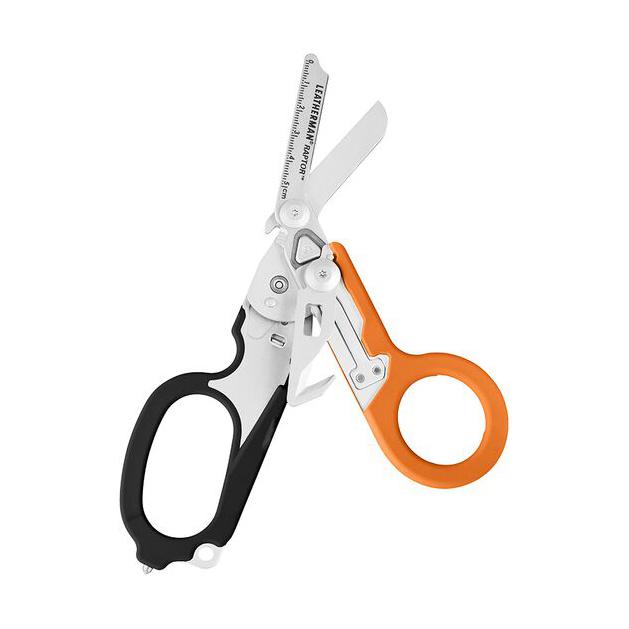 LEATHERMAN® RAPTOR® Rescue - Orange ist ein geöffnetes, orange-schwarzes Multi-Tool mit gebogener Griffstruktur und silbernen Klingen.