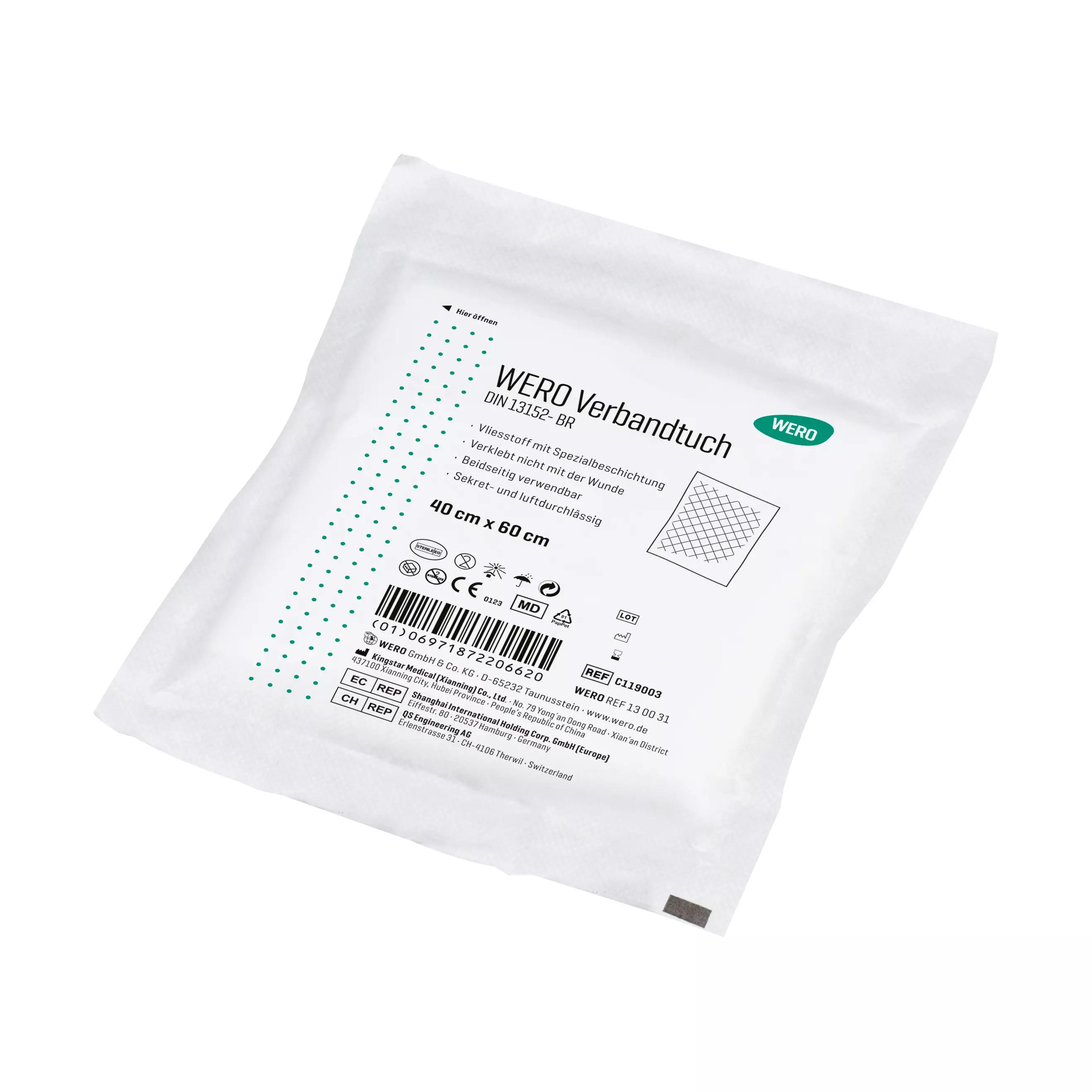 WERO Verbandtuch DIN 13152, steril - 40 cm, rechteckig verpackt, mit spezieller beidseitiger Beschichtung und leichtem, sekret- sowie luftdurchlässigem Vliesstoff.