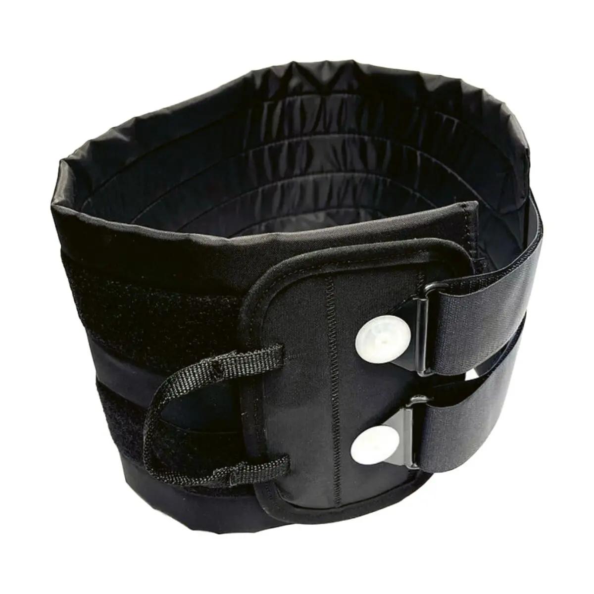 Seitlich abgebildeter FarTec Responder Pelvic Binder - Schwarz mit sechs verstellbaren grauen Gurten, Schnallenverschluss und zwei weißen Verschlüssen vorn.