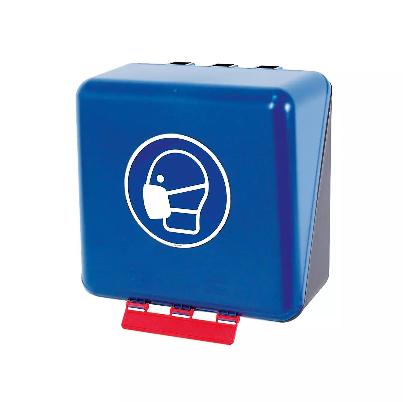 Blaue SecuBox® Aufbewahrungsbox für Atemschutz - Midi mit rotem Griff, teils geöffnetem Klappdeckel und weißer Masken-Symbolik auf der Vorderseite.