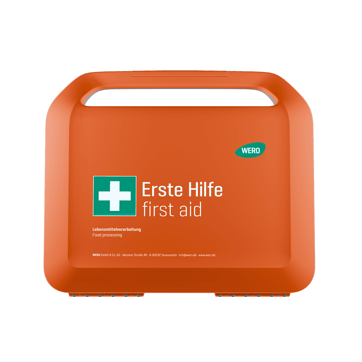 Oranger Erste-Hilfe-Kasten mit Tragegriff, grün-weißem Kreuz-Logo und Aufschrift „Lebensmittelverarbeitung, Erste Hilfe, Food processing“.
