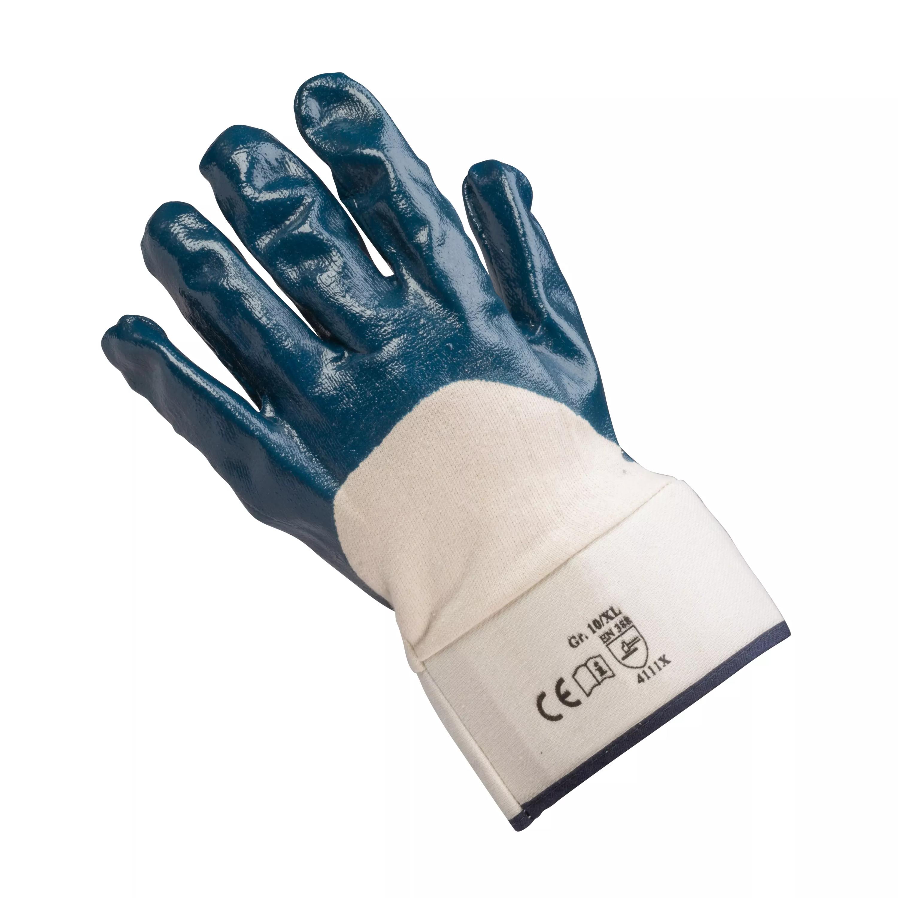 Ein Sicherheitshandschuh Comfort Jersey Nitril mit blauer Nitrilbeschichtung auf Innenfläche und Handrücken, weißem Baumwollträger und CE-Kennzeichnung.