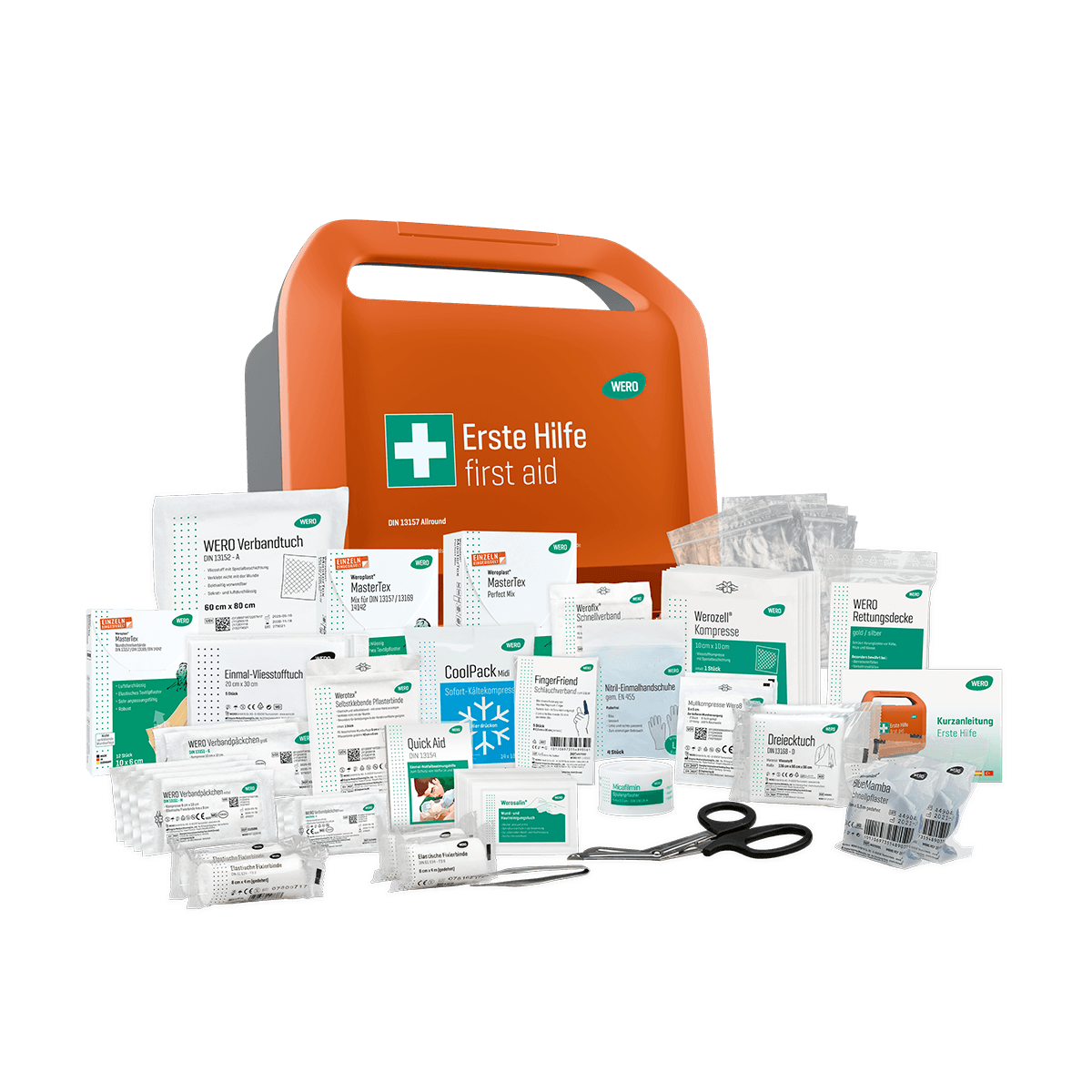 Orangefarbener WERO Smart Case® Erste-Hilfe-Koffer, gefüllt mit zusätzlichem Verbandmaterial, Pflastern und praktischen Ergänzungen.