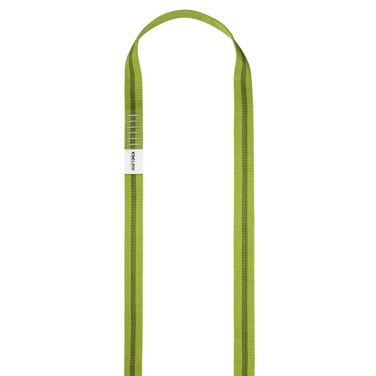 Leuchtend grüne EDELRID X-TUBE Bandschlinge mit zwei dunklen Seitenstreifen, gebogenem Design und befestigten Metallkarabinern.