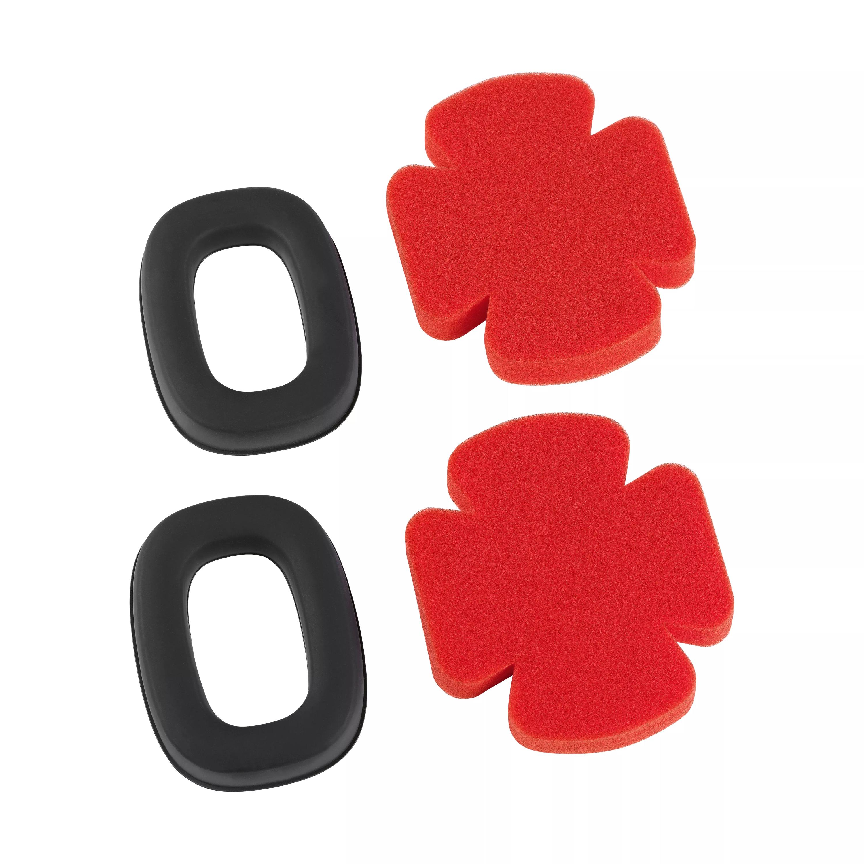Zwei schwarze Ohrpolster mit ovalen Öffnungen und zwei unterschiedlich geformte rote Schaumstoffstöpsel des Hygiene-Kit für Honeywell VeriShield™ 100 - VS130.