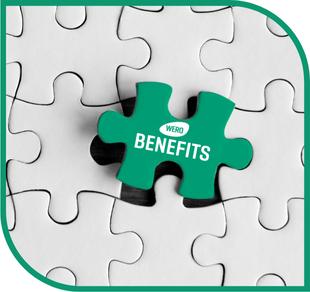 Grünes Puzzleteil mit weißem Schriftzug „BENEFITS“ und ovalem „WERO“ Label zwischen weißen Puzzleteilen.