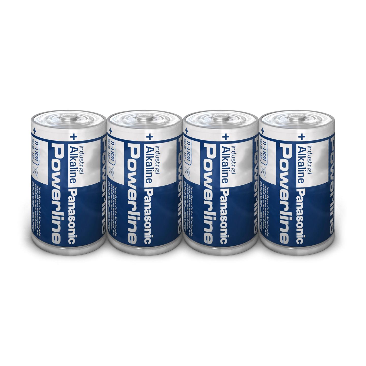 Vier Panasonic Industrial LR20 Batterien im 4er-Pack liegen nebeneinander, mit blauen und silbernen Gehäusen und sichtbaren Markierungen.