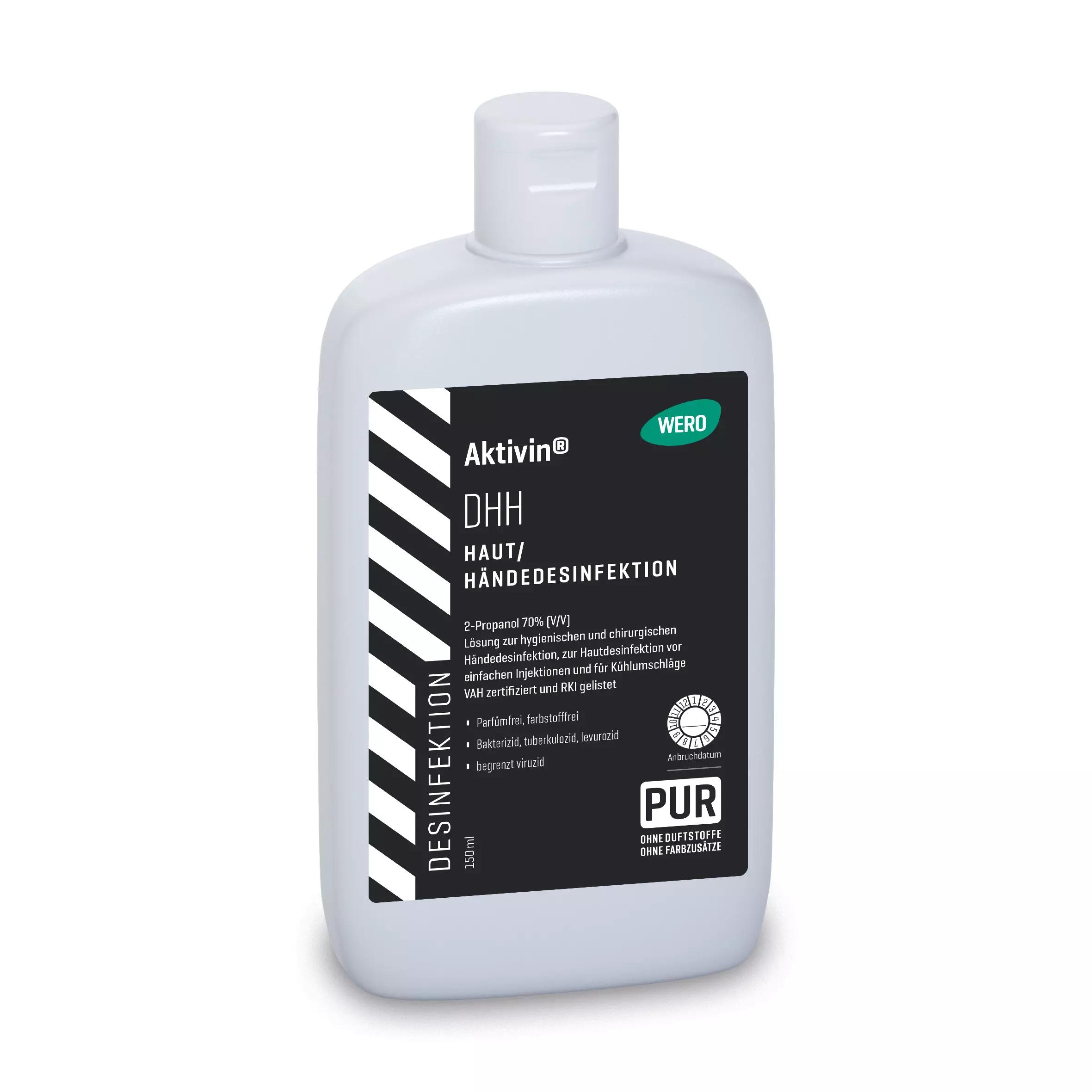 Eine transparente Flasche Haut- und Händedesinfektionsmittel Aktivin® DHH mit 70 % 2-Propanol, handlich, beschriftet in mehreren Sprachen, 150 ml Inhalt.