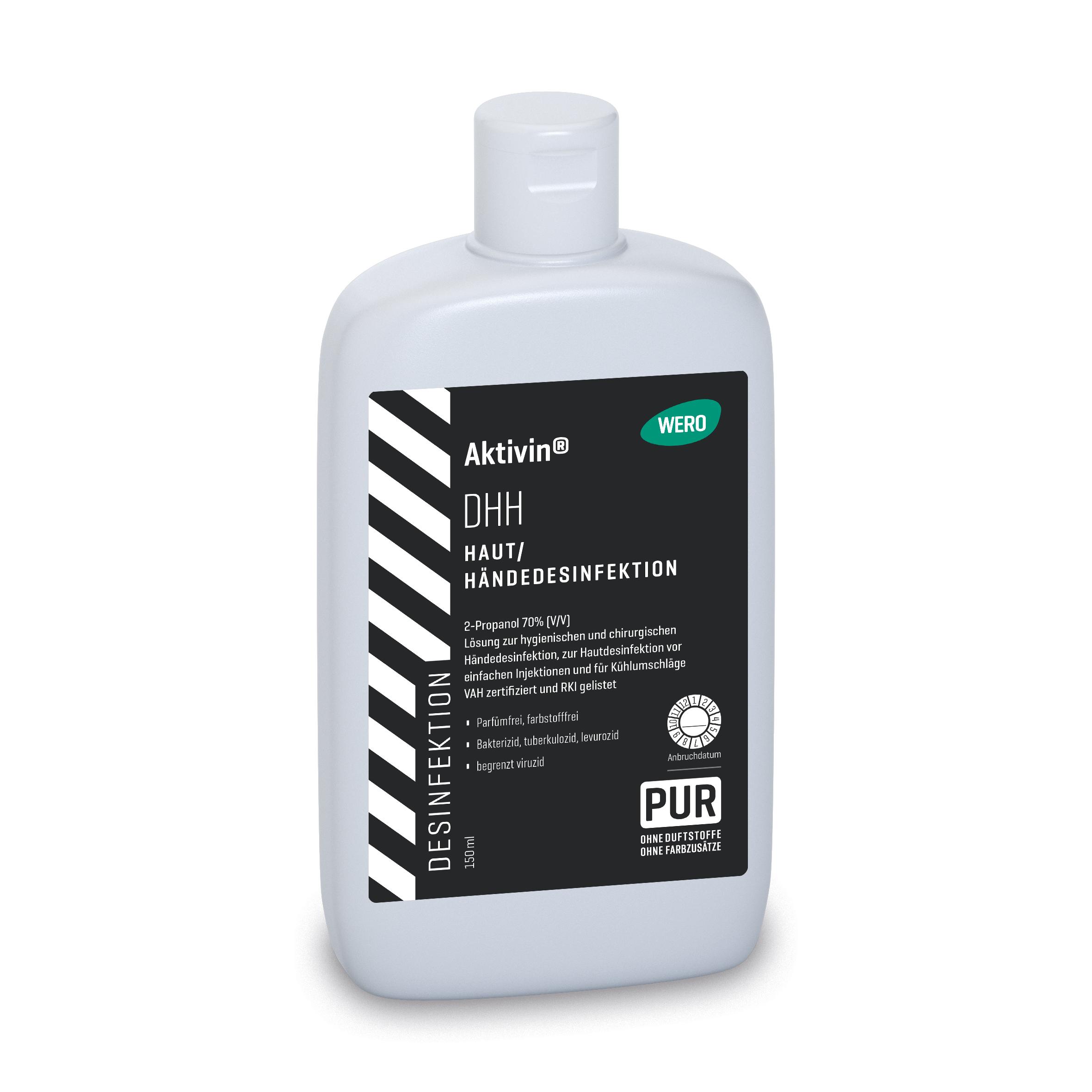 Eine transparente Flasche Haut- und Händedesinfektionsmittel Aktivin® DHH mit 70 % 2-Propanol, handlich, beschriftet in mehreren Sprachen, 150 ml Inhalt.