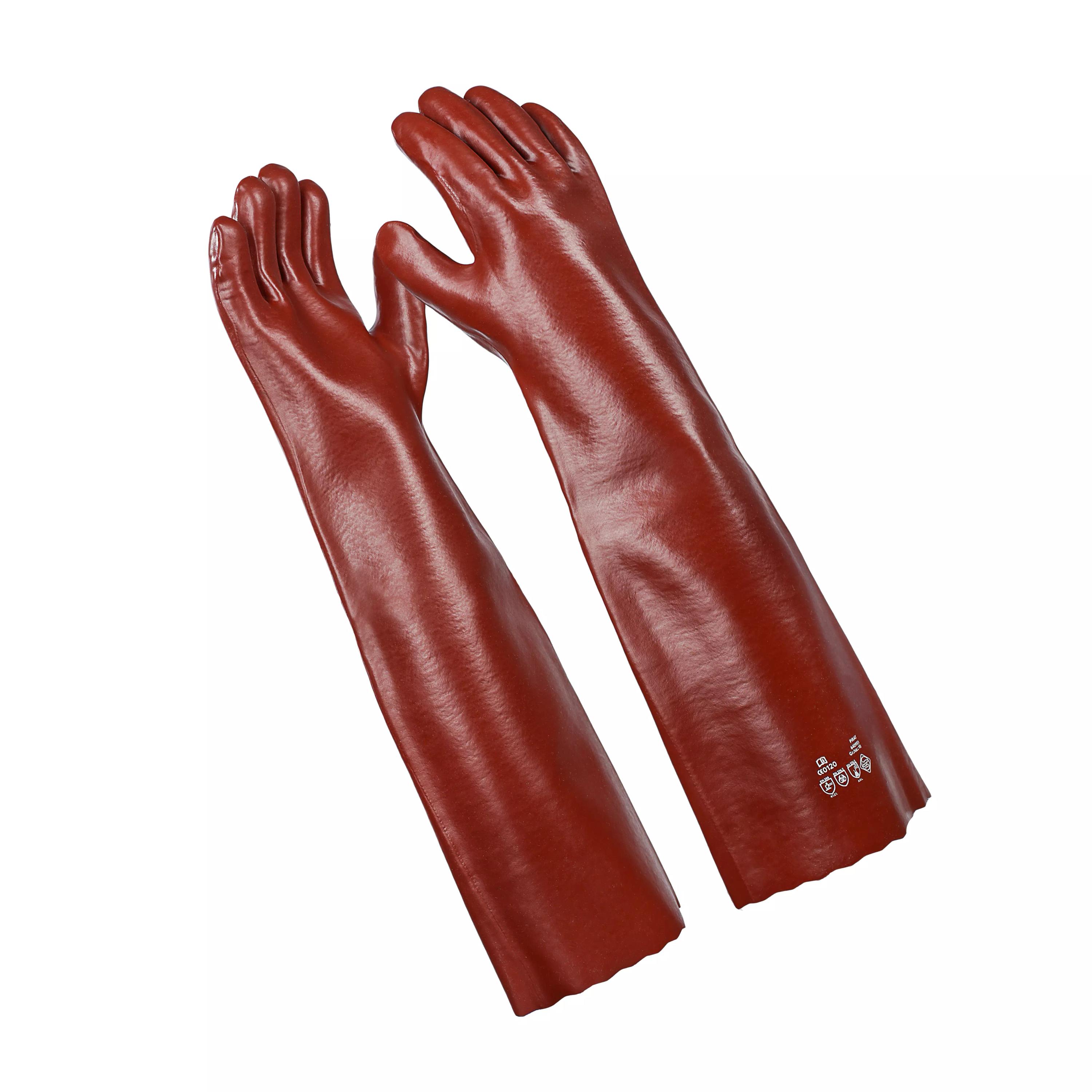Ein Paar dunkelrote Chemikalienschutzhandschuh Vinyl 58 mit extra langer Stulpe, robustem Material und Baumwoll-Liner, leicht überlappend angeordnet.